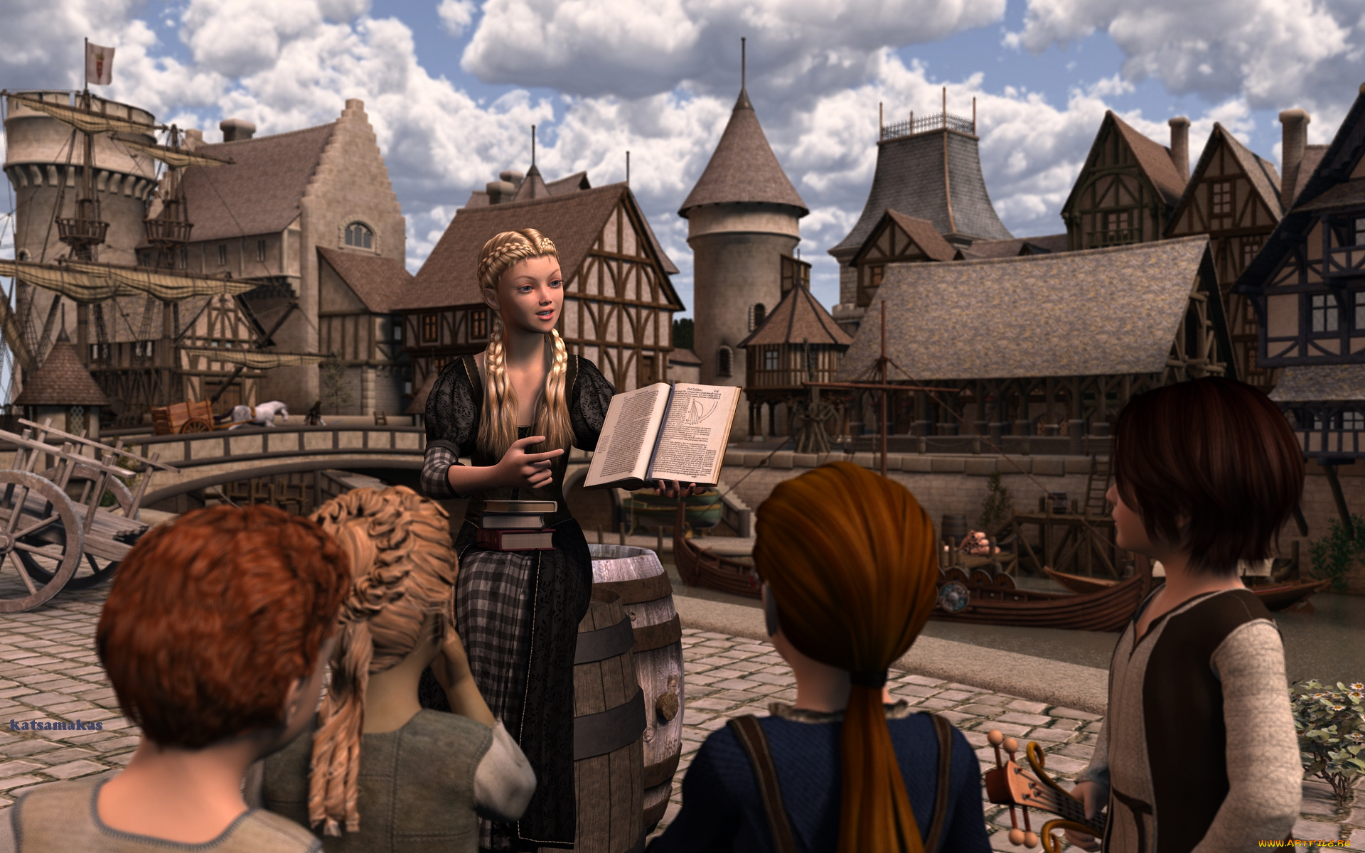 3д, графика, people, люди, дома, мост