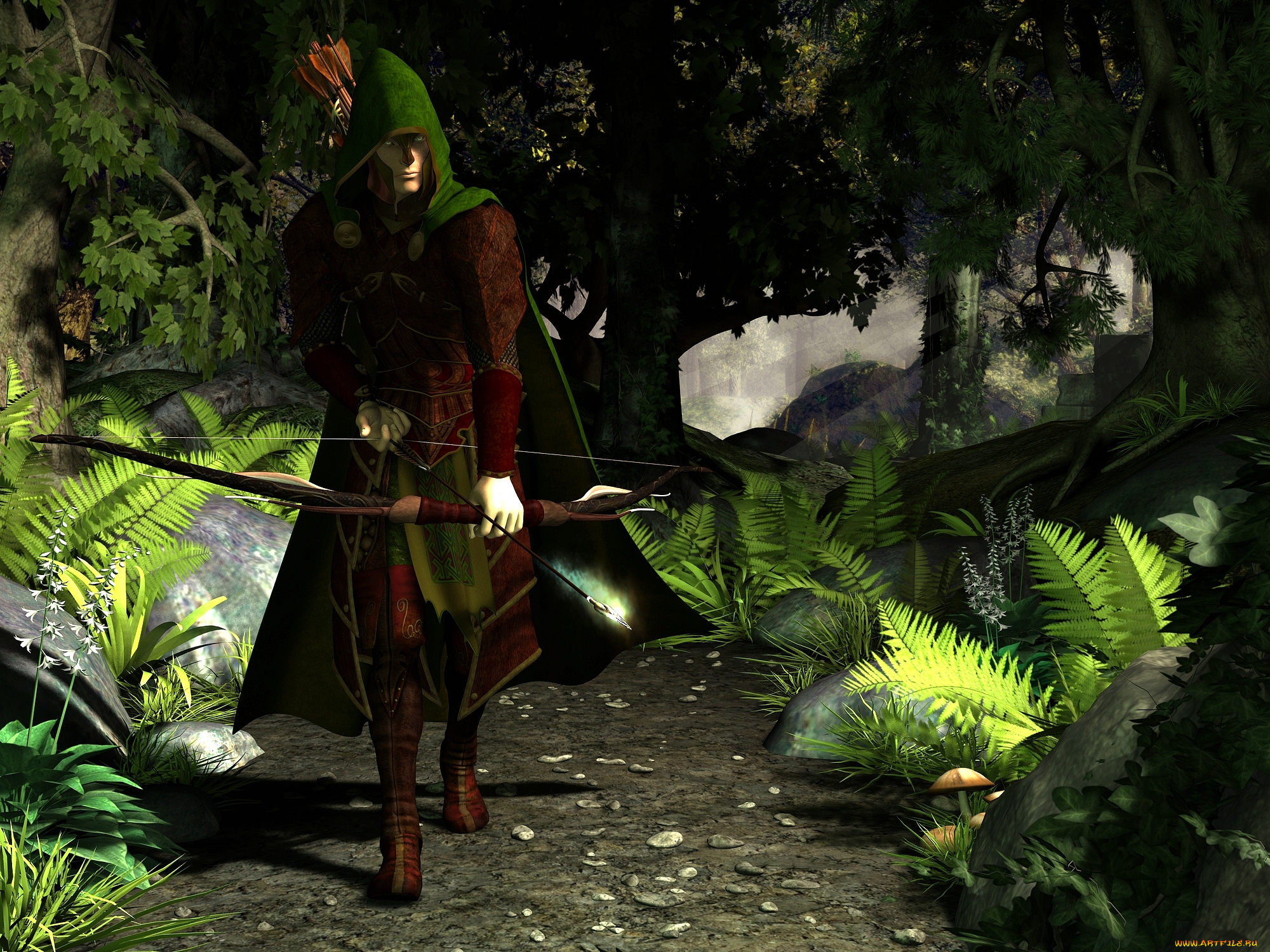 3д, графика, people, люди, лес, мужчина, лук