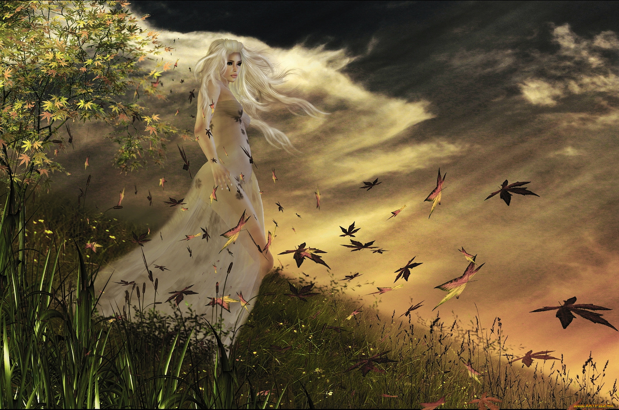 3д, графика, people, люди, платье, блондинка, листья