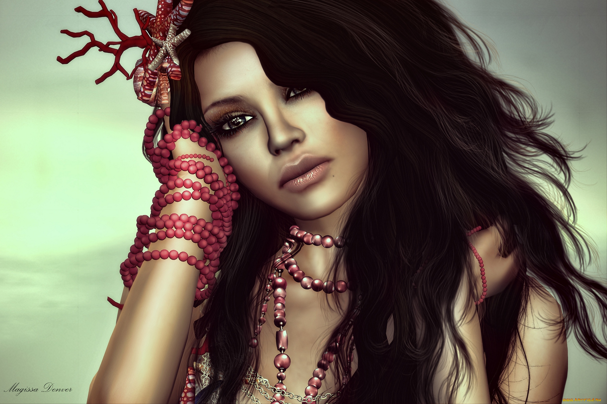 3д, графика, portraits, портрет, волосы, браслеты, брюнетка