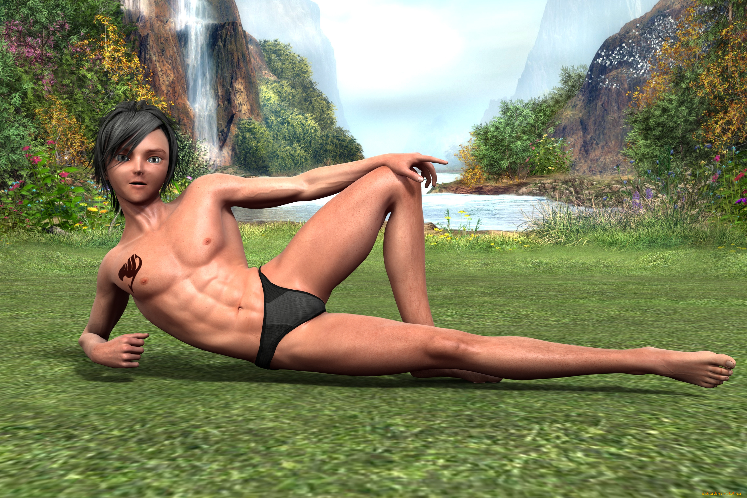 3д, графика, people, люди, мальчик, трава, водопад