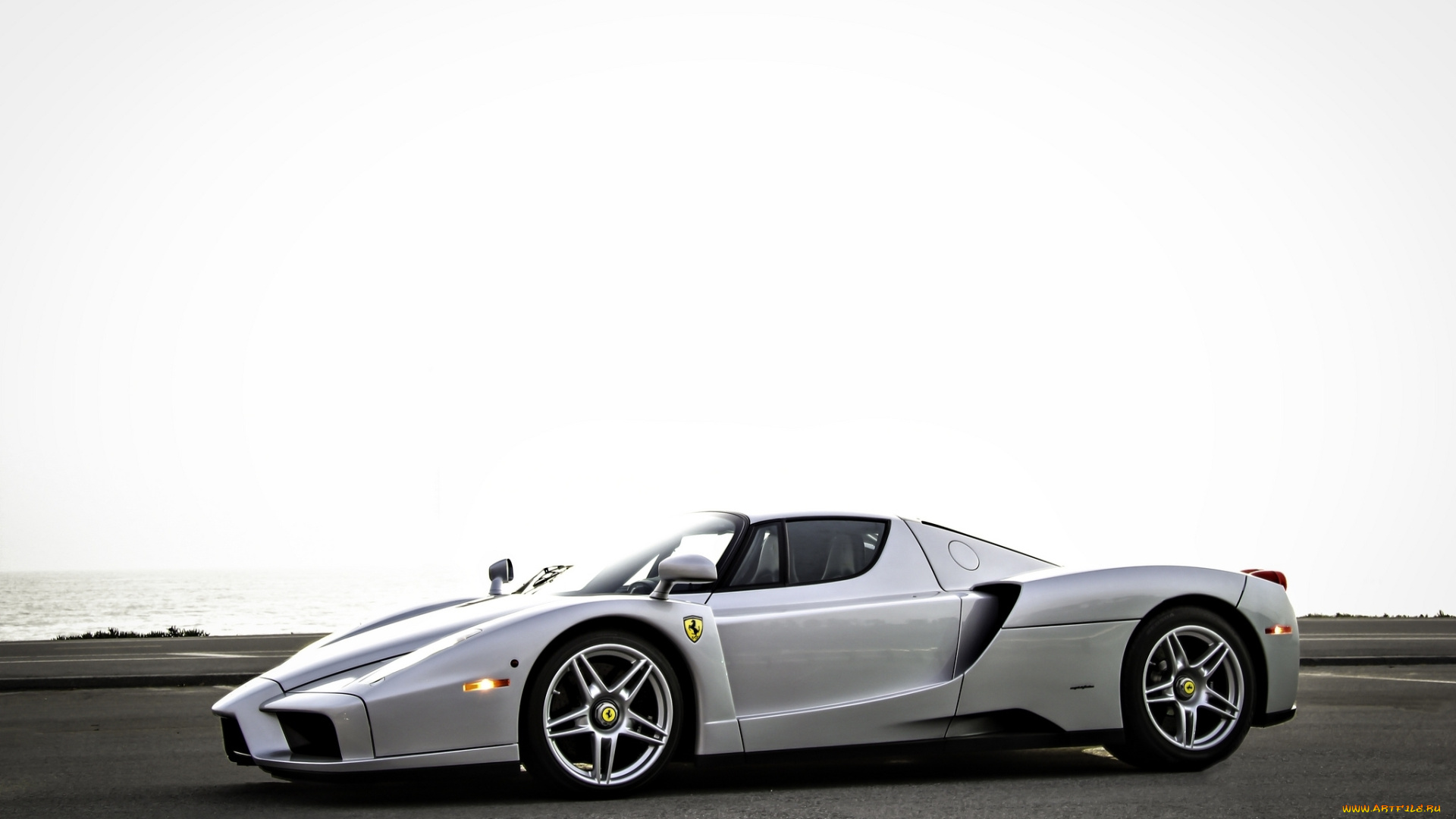 автомобили, ferrari, enzo, silvery, феррари, энцо, вид, сбоку, серебристый, небо, море