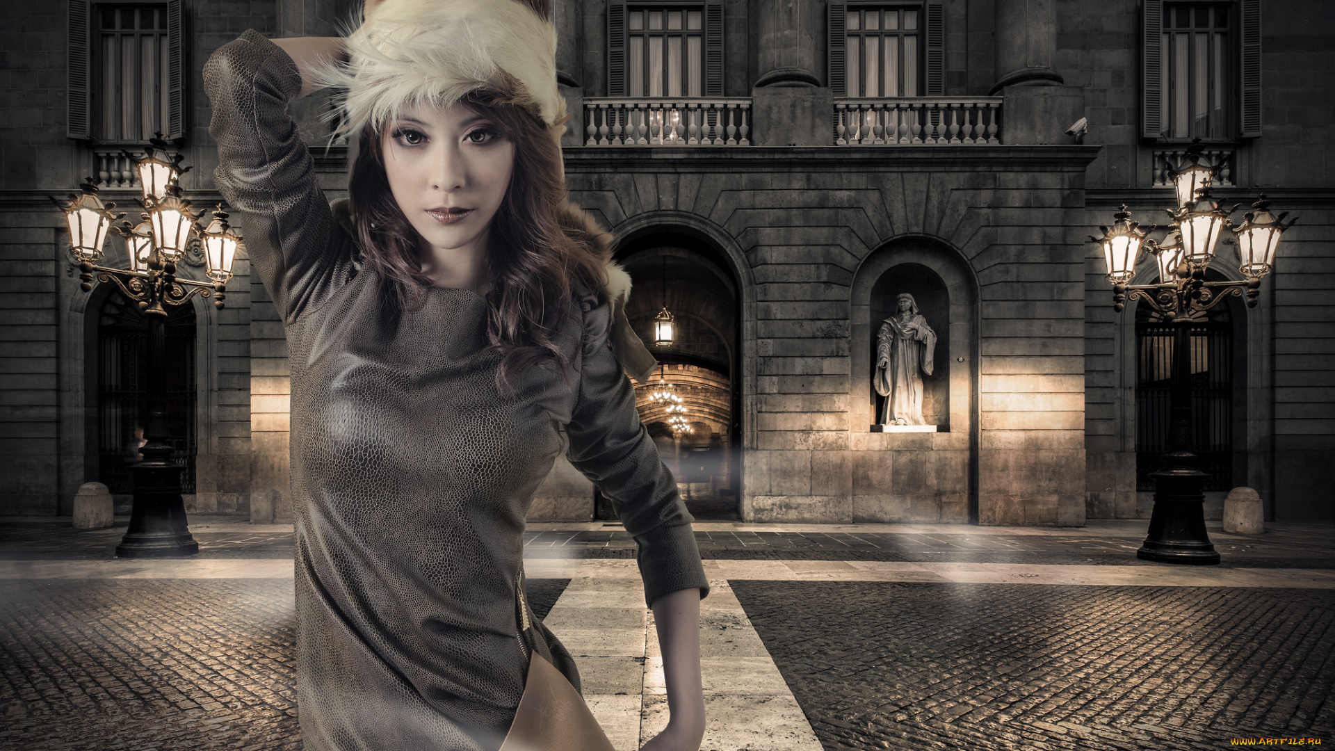 девушки, -unsort, , азиатки, фонари, жест, площадь, взгляд