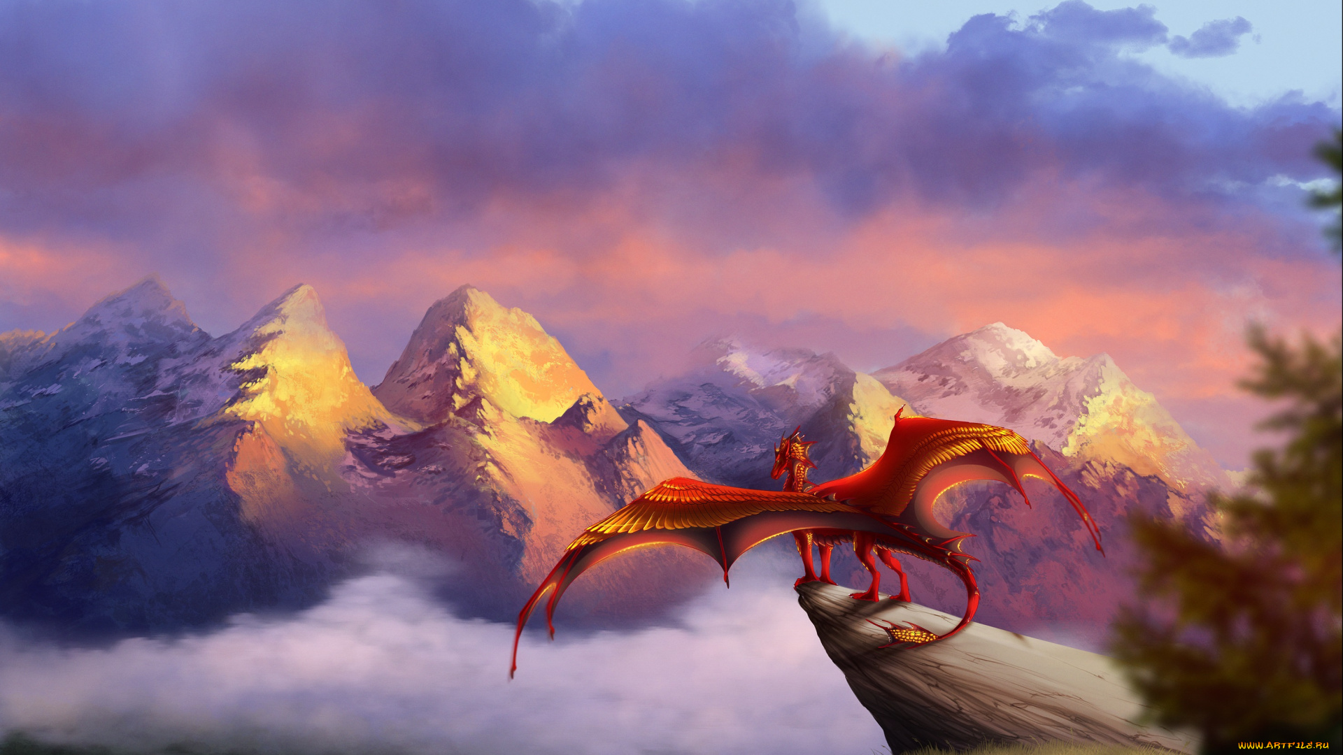 фэнтези, драконы, горы, скала