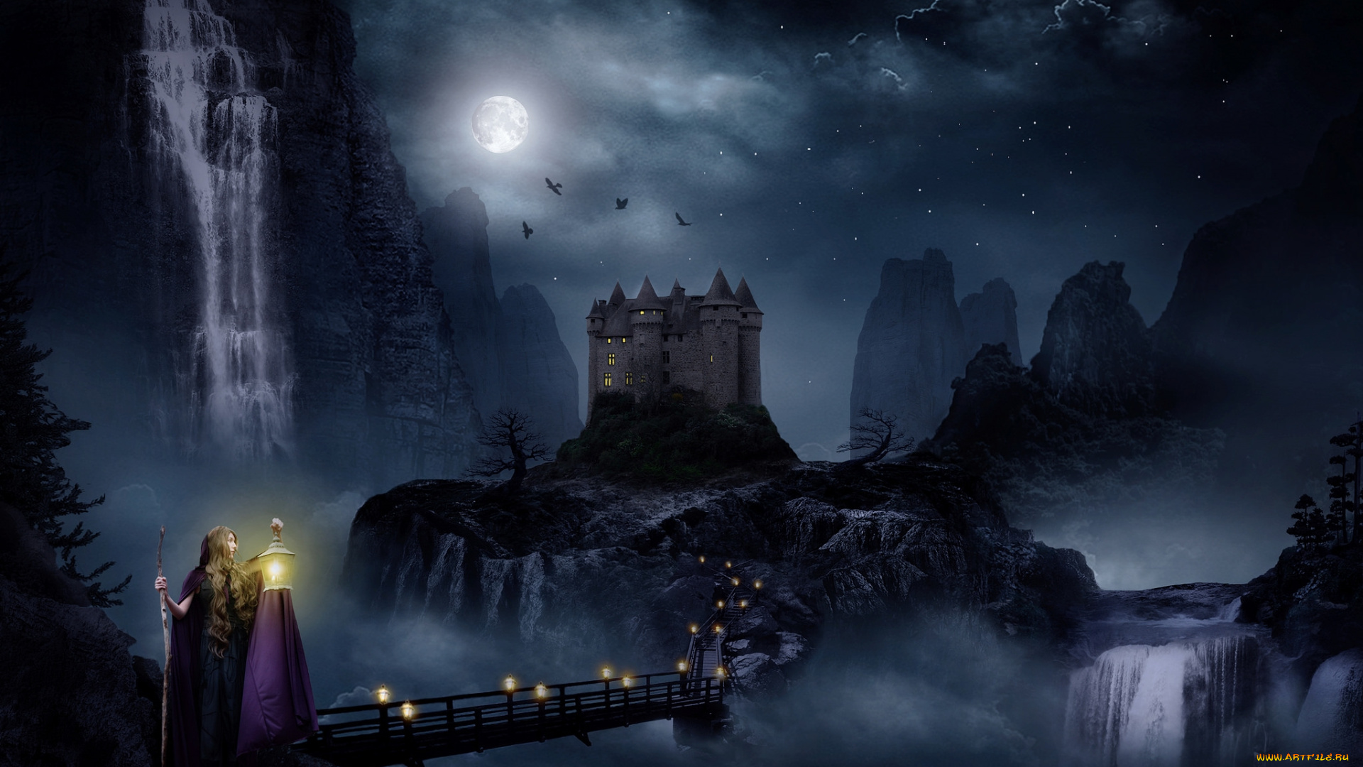 фэнтези, фотоарт, фонарь, водопад, замок
