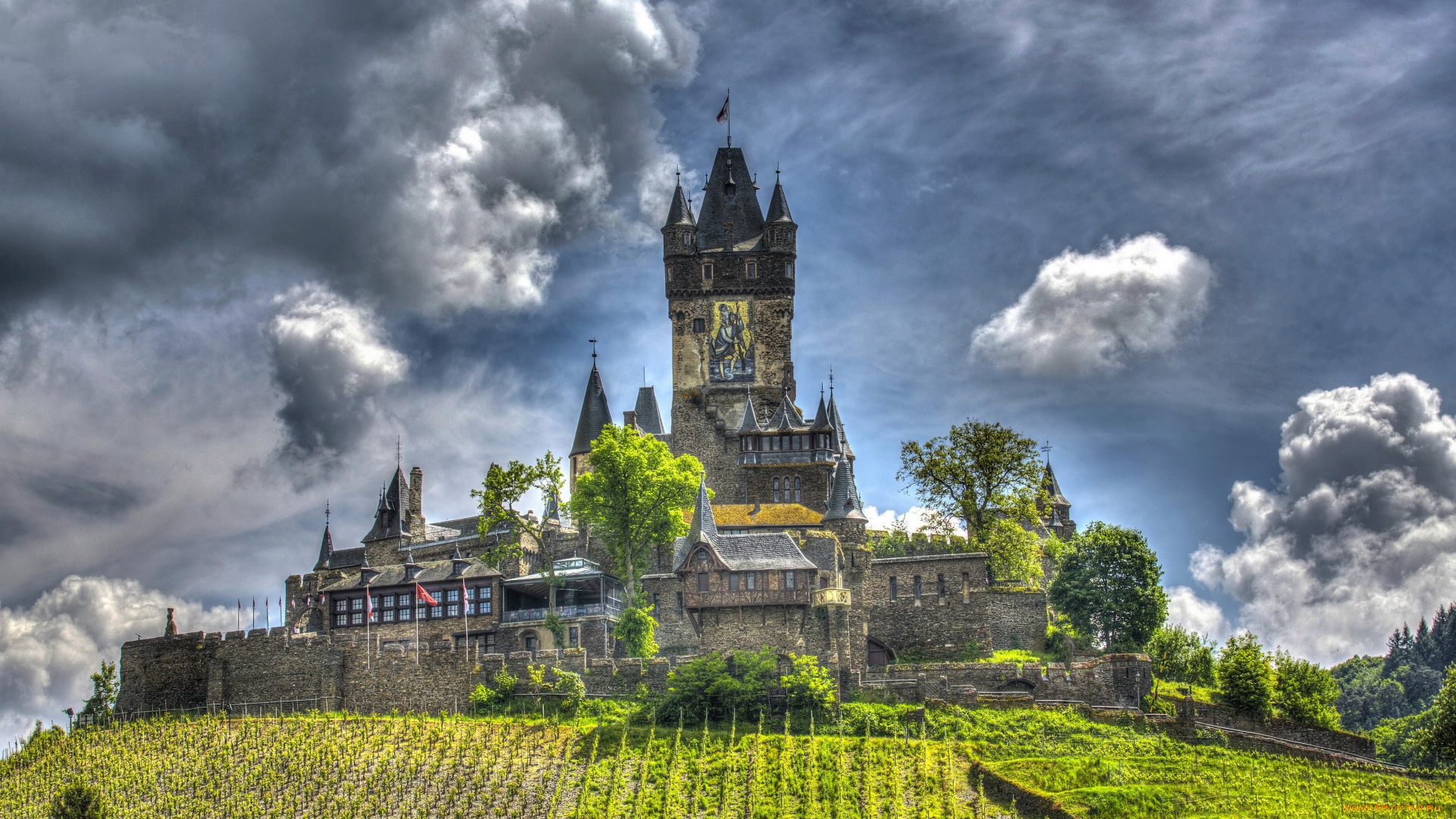 города, кохем, , германия, замок, поля, кохем