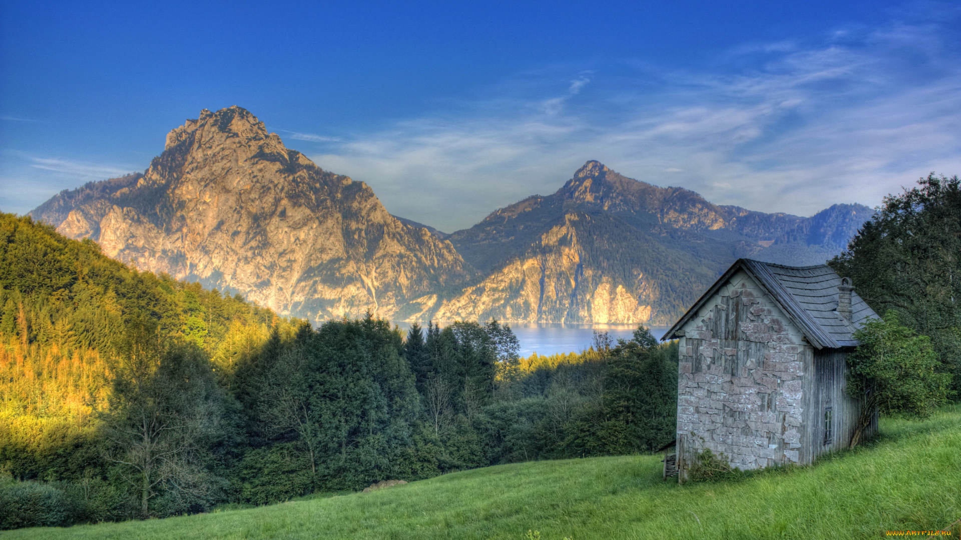 природа, горы, трава, постройка, лес, озеро, австрия