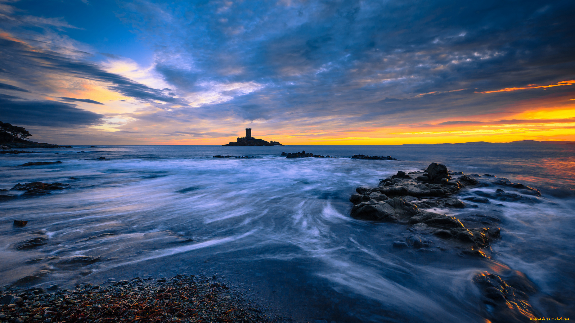 природа, побережье, пляж, восход, утро, залив, остров, море