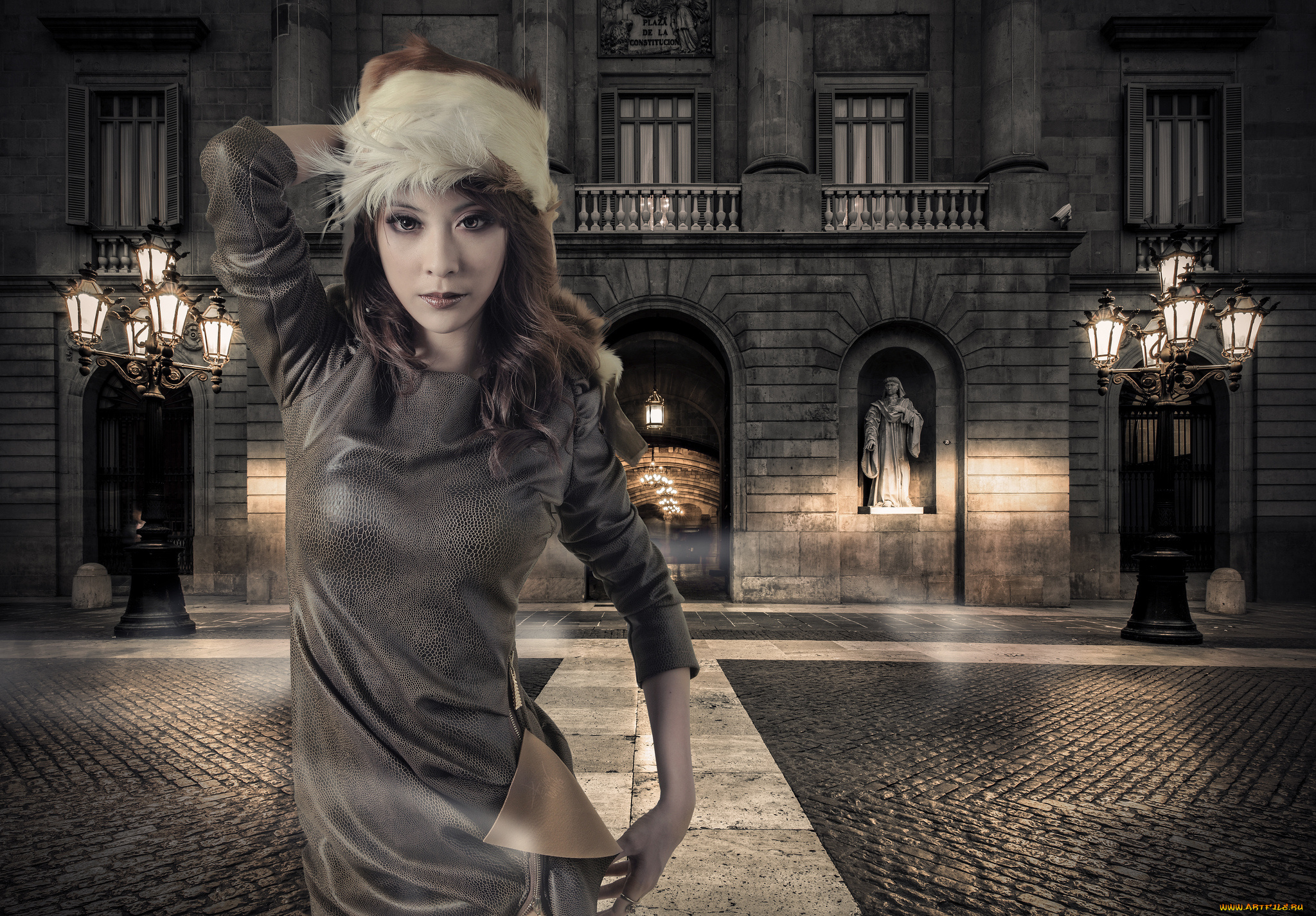 девушки, -unsort, , азиатки, фонари, жест, площадь, взгляд