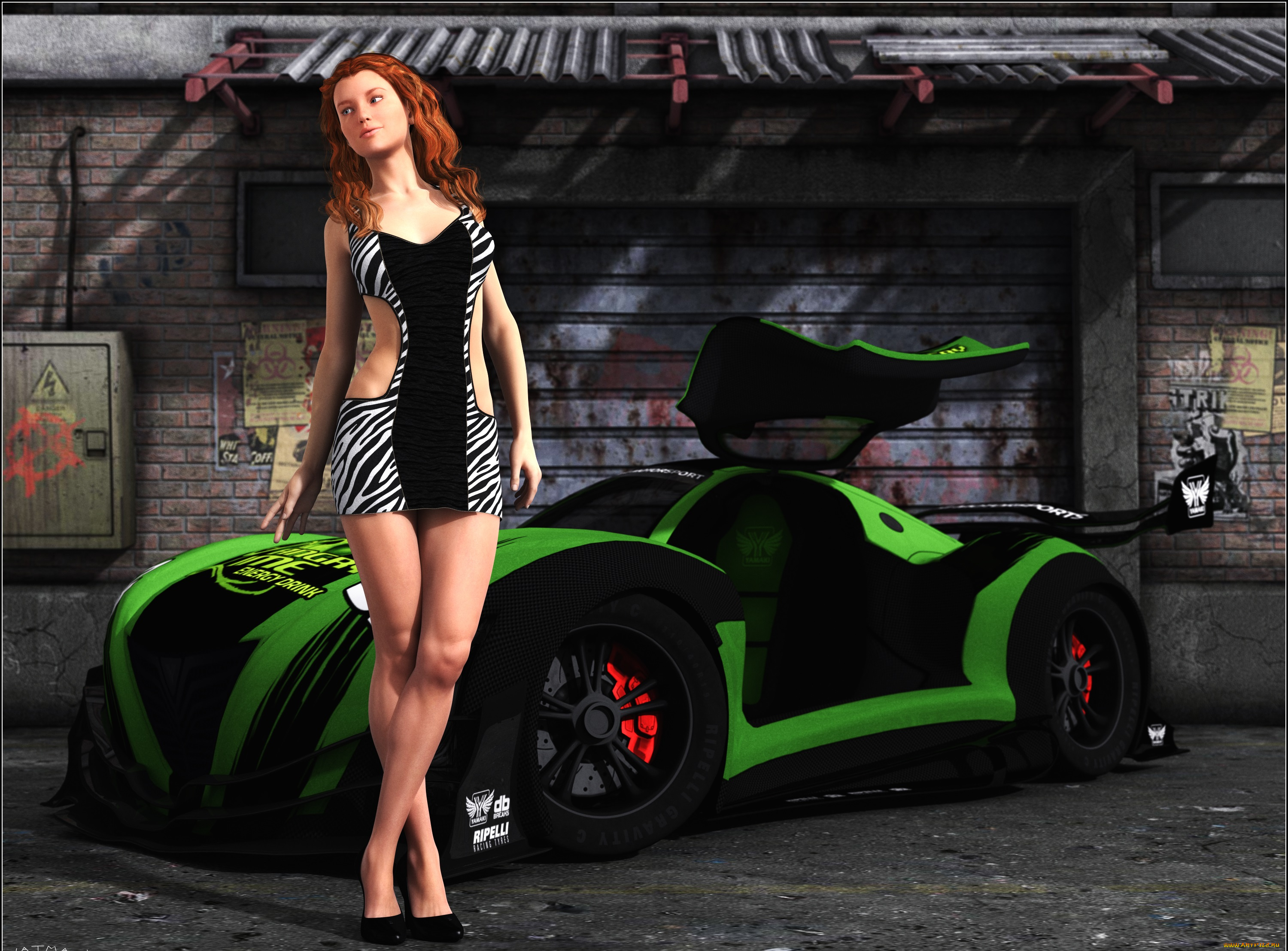 автомобили, 3d, car&girl, девушка, взгляд, автомобиль