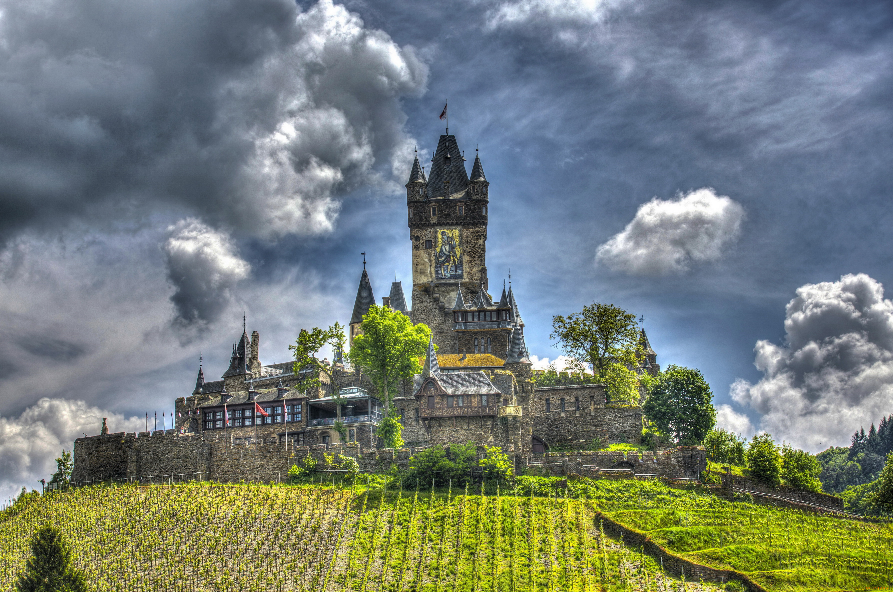 города, кохем, , германия, замок, поля, кохем