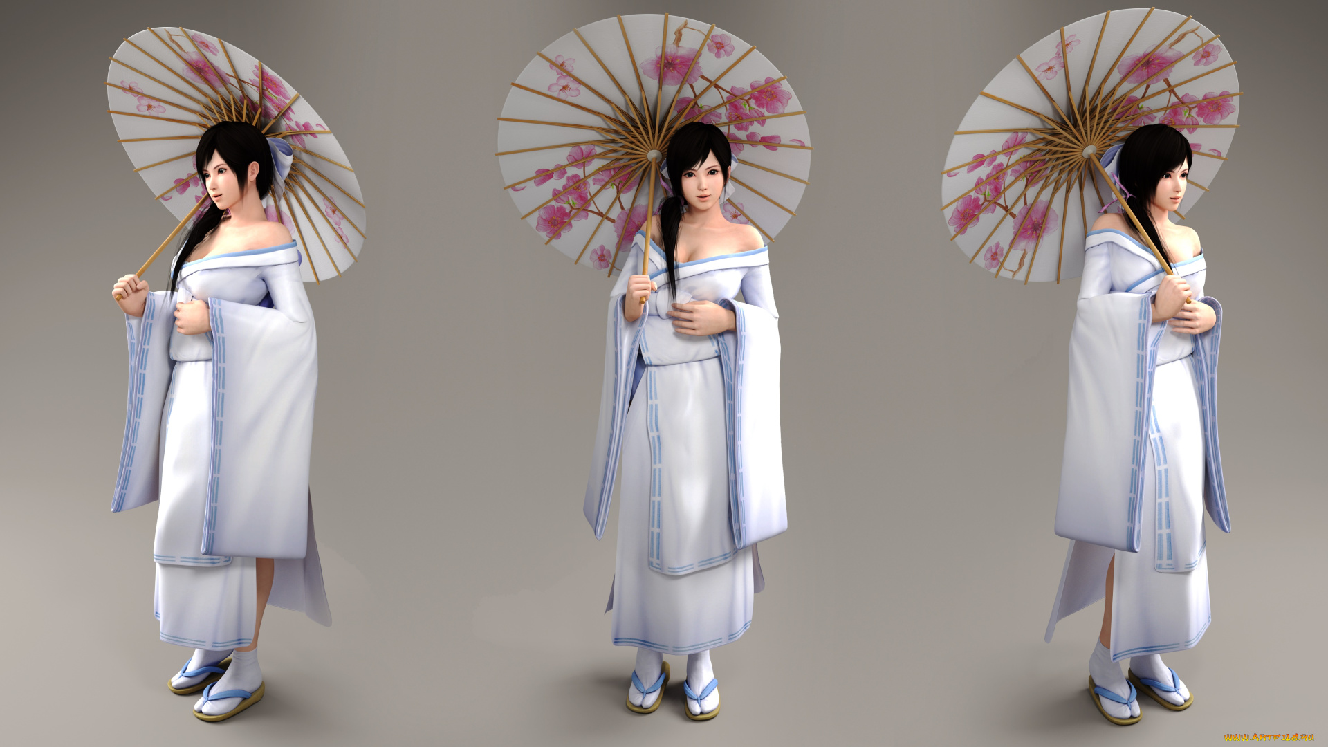 3д, графика, аниме, , anime, кимоно, зонтик, фон, взгляд, девушка