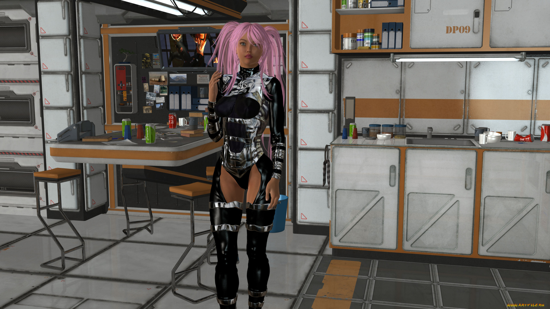 3д, графика, люди, , people, кухня, фон, взгляд, девушка