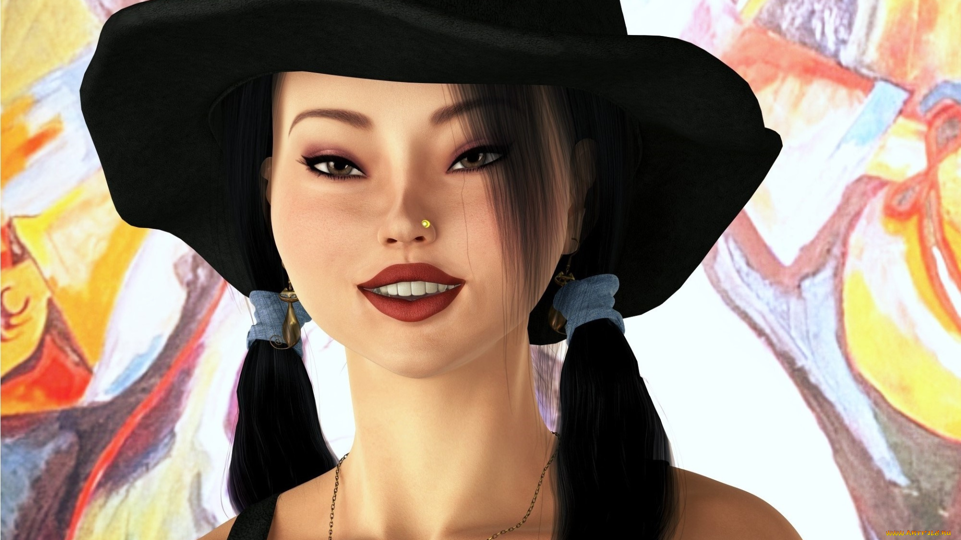 3д, графика, портрет, , portraits, шляпа, улыбка, фон, взгляд, девушка