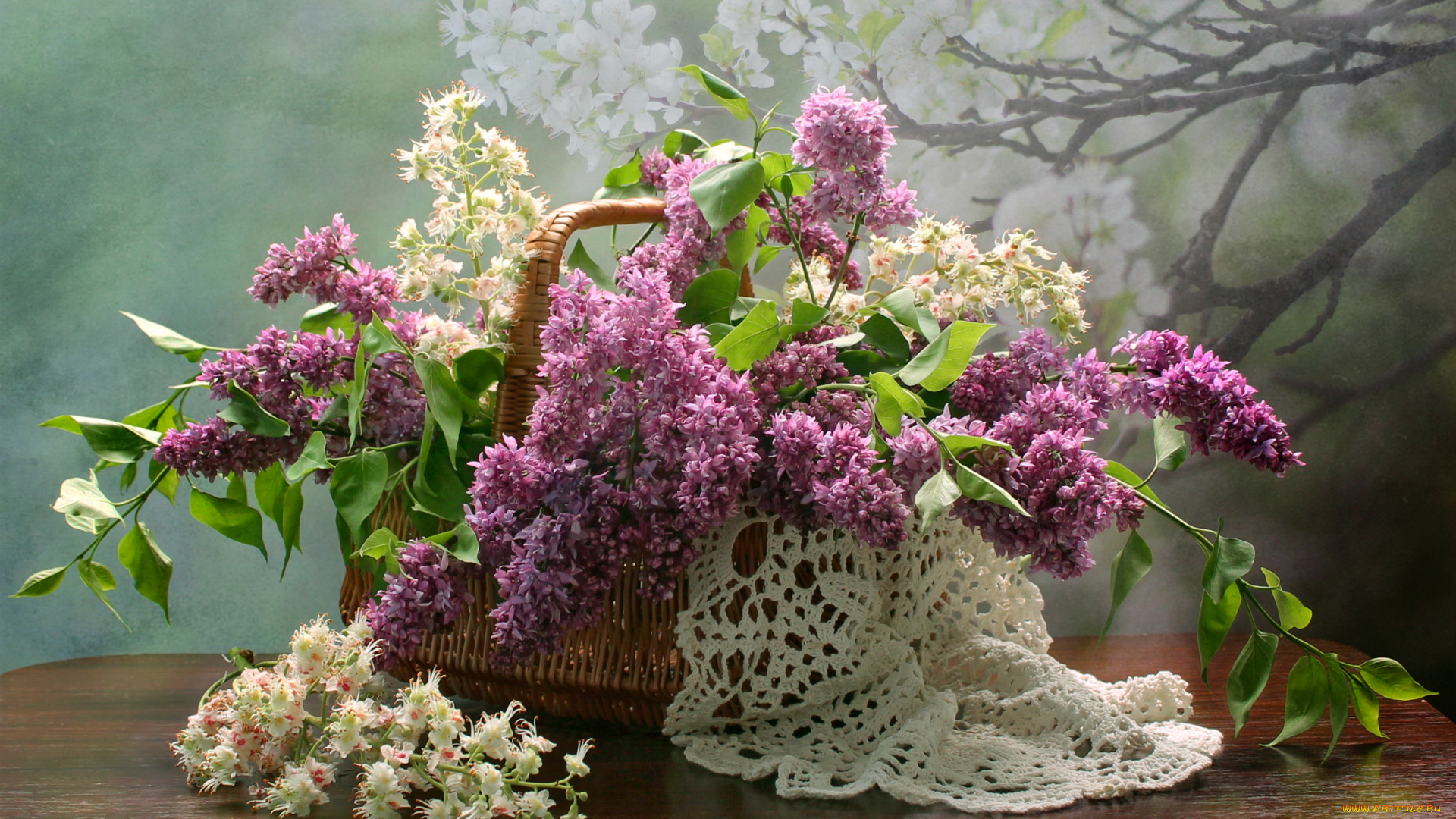 цветы, букеты, , композиции, корзина, сирень, каштан, композиция, салфетка