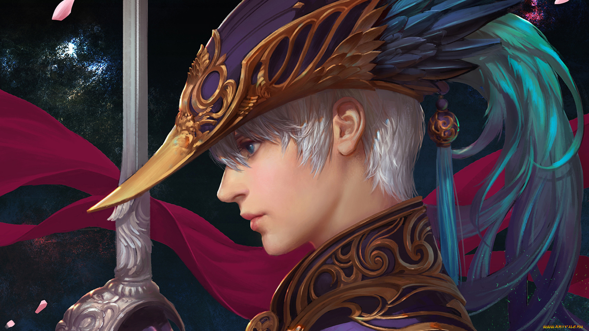 фэнтези, люди, лепестки, крупный, план, перья, головной, убор, меч, блондин, парень