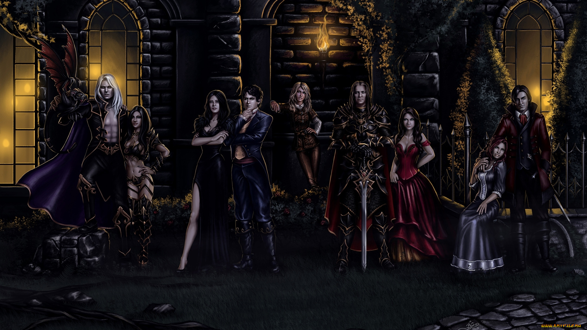 фэнтези, люди, женщины, ночь, меч, рыцарь, костюмы, факел, замок, мужчины, мистика, вампир, арт