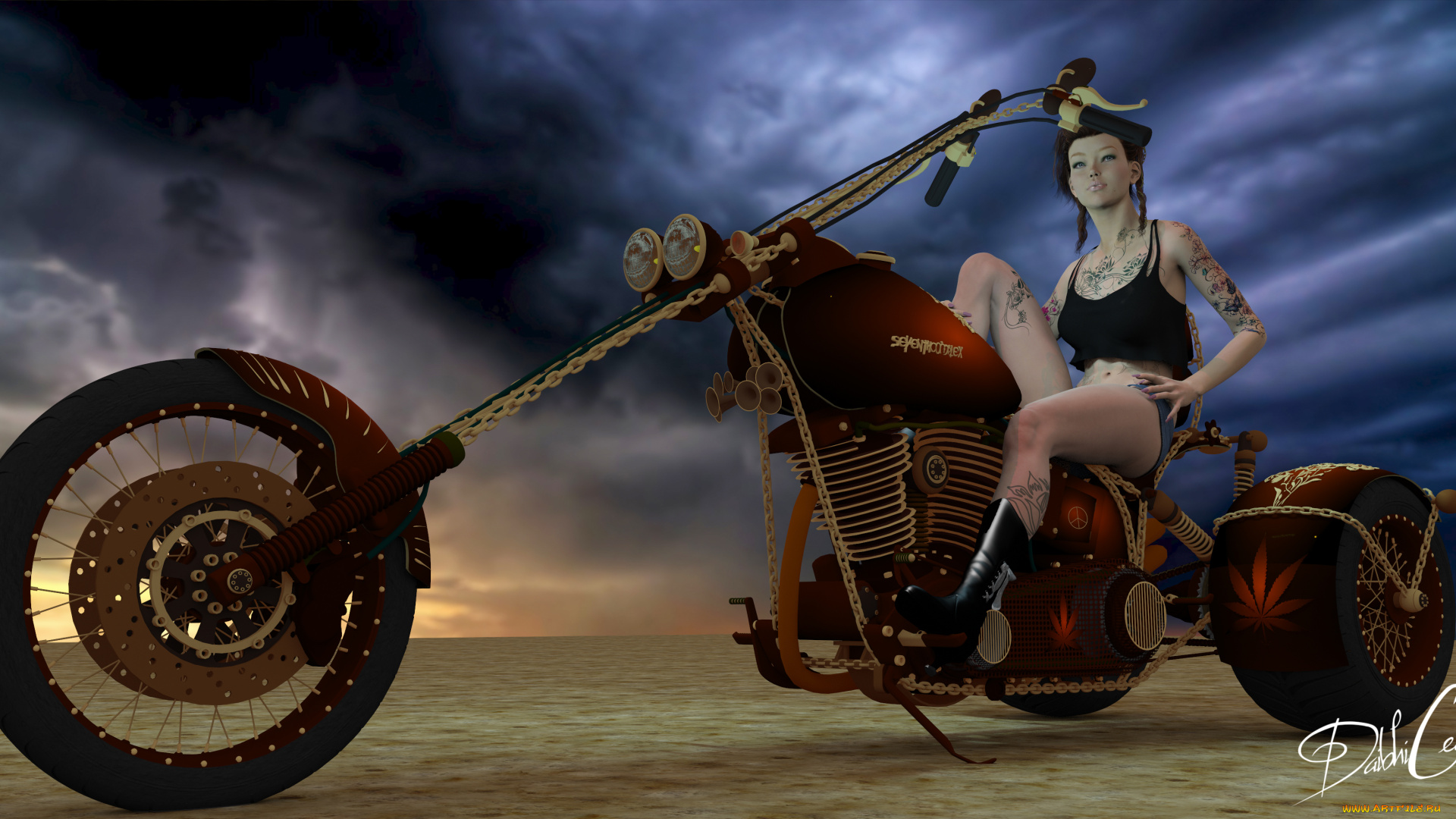 мотоциклы, 3d, мотоцикл, фон, взгляд, девушка