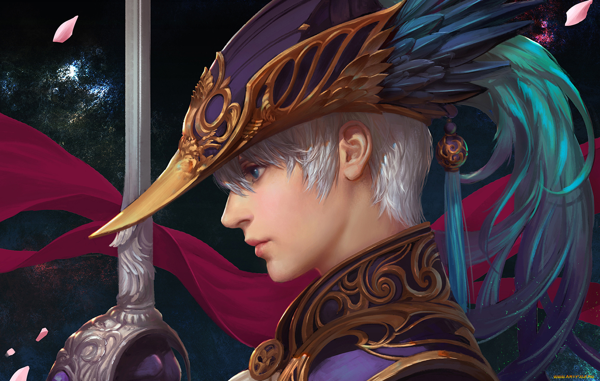 фэнтези, люди, лепестки, крупный, план, перья, головной, убор, меч, блондин, парень