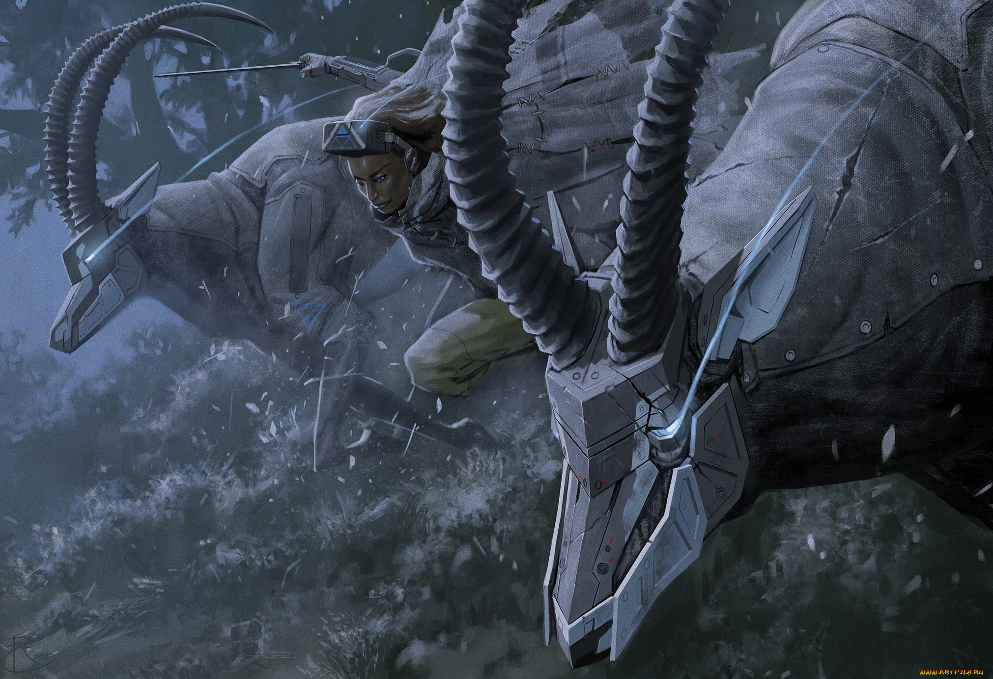 фэнтези, роботы, , киборги, , механизмы, девушка, робот, антилопа, арт, рога, убийца, наемник, солдат