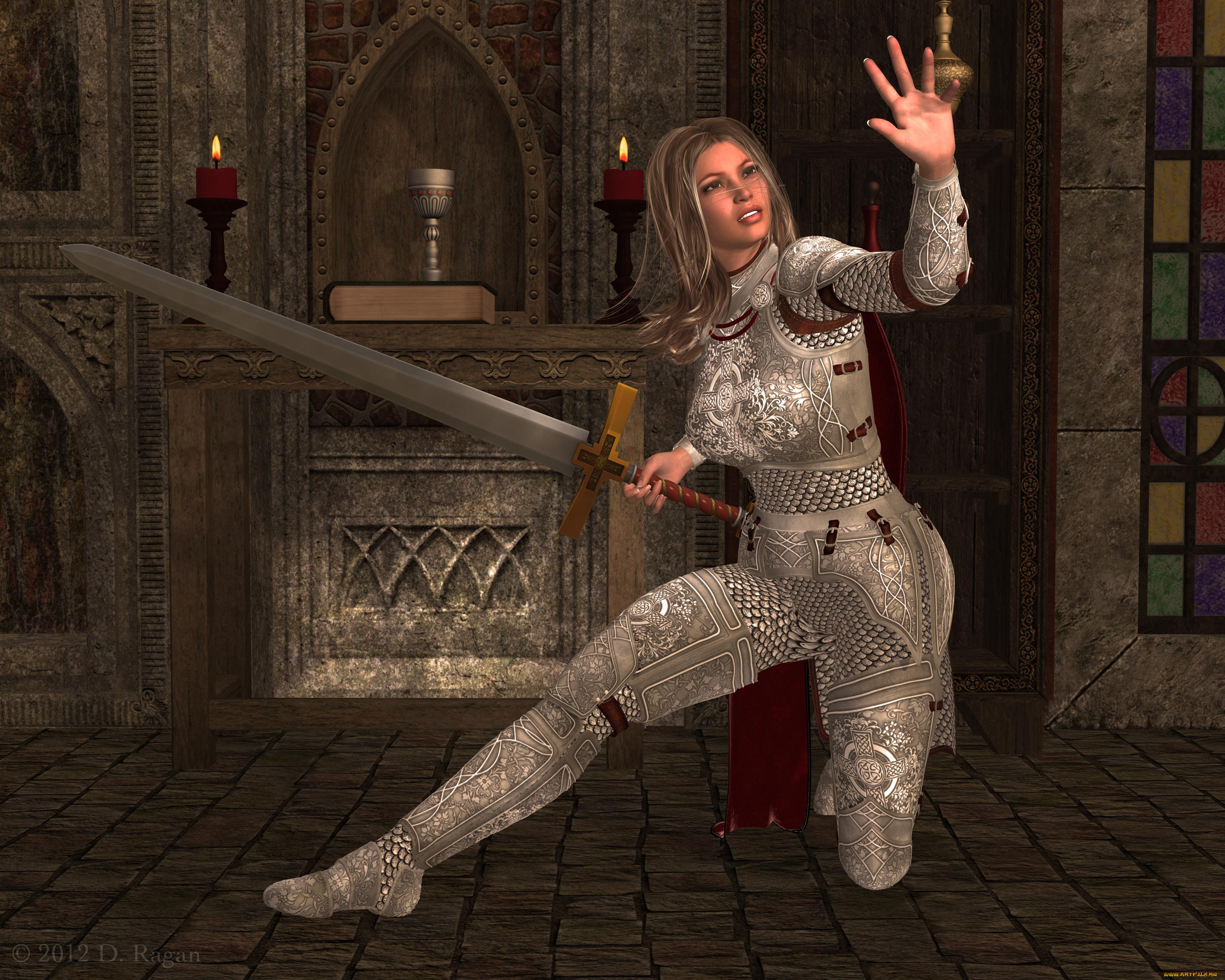 3д, графика, фантазия, , fantasy, чаша, книга, свечи, оружие, фон, взгляд, девушка