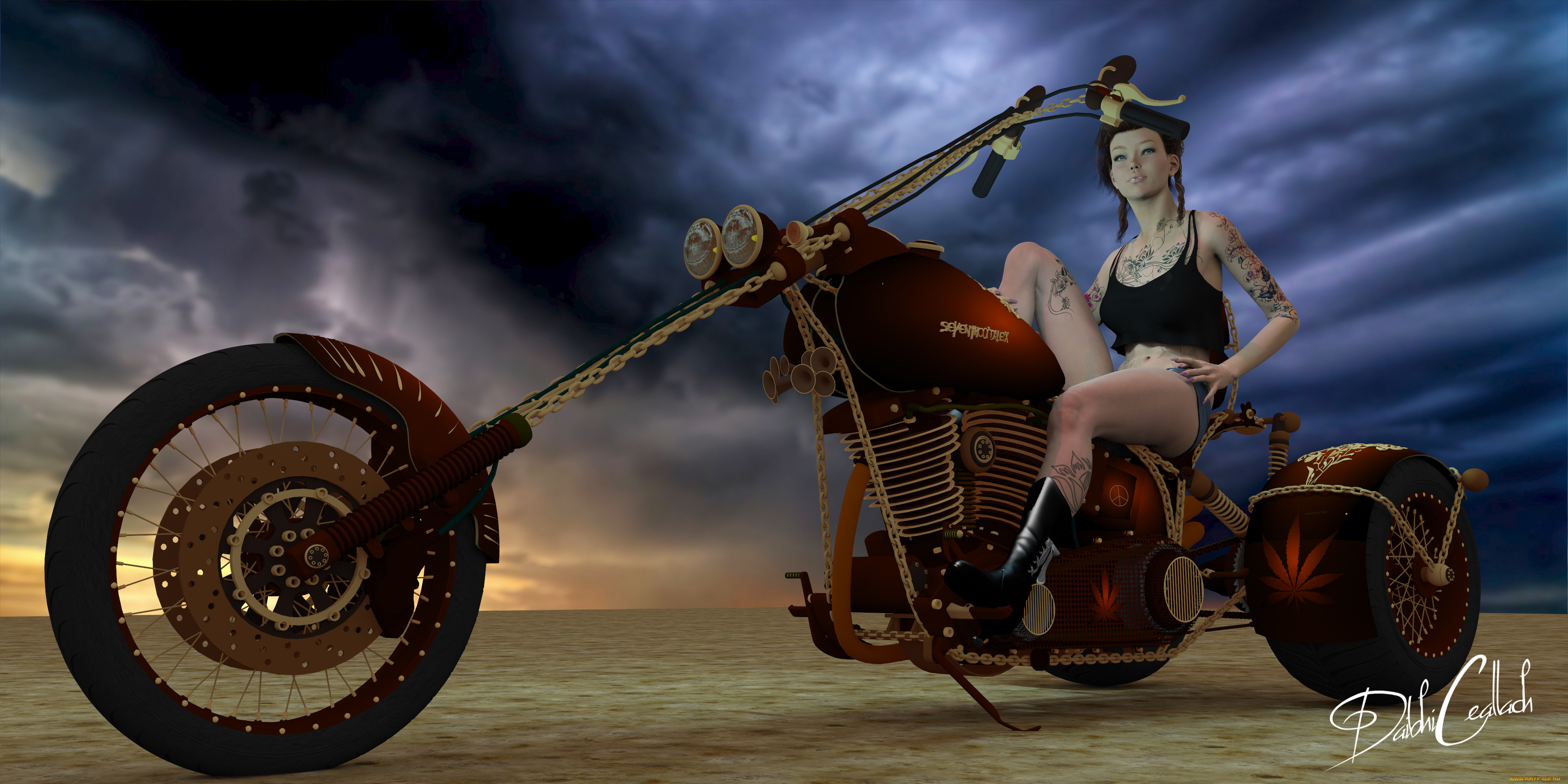 мотоциклы, 3d, мотоцикл, фон, взгляд, девушка