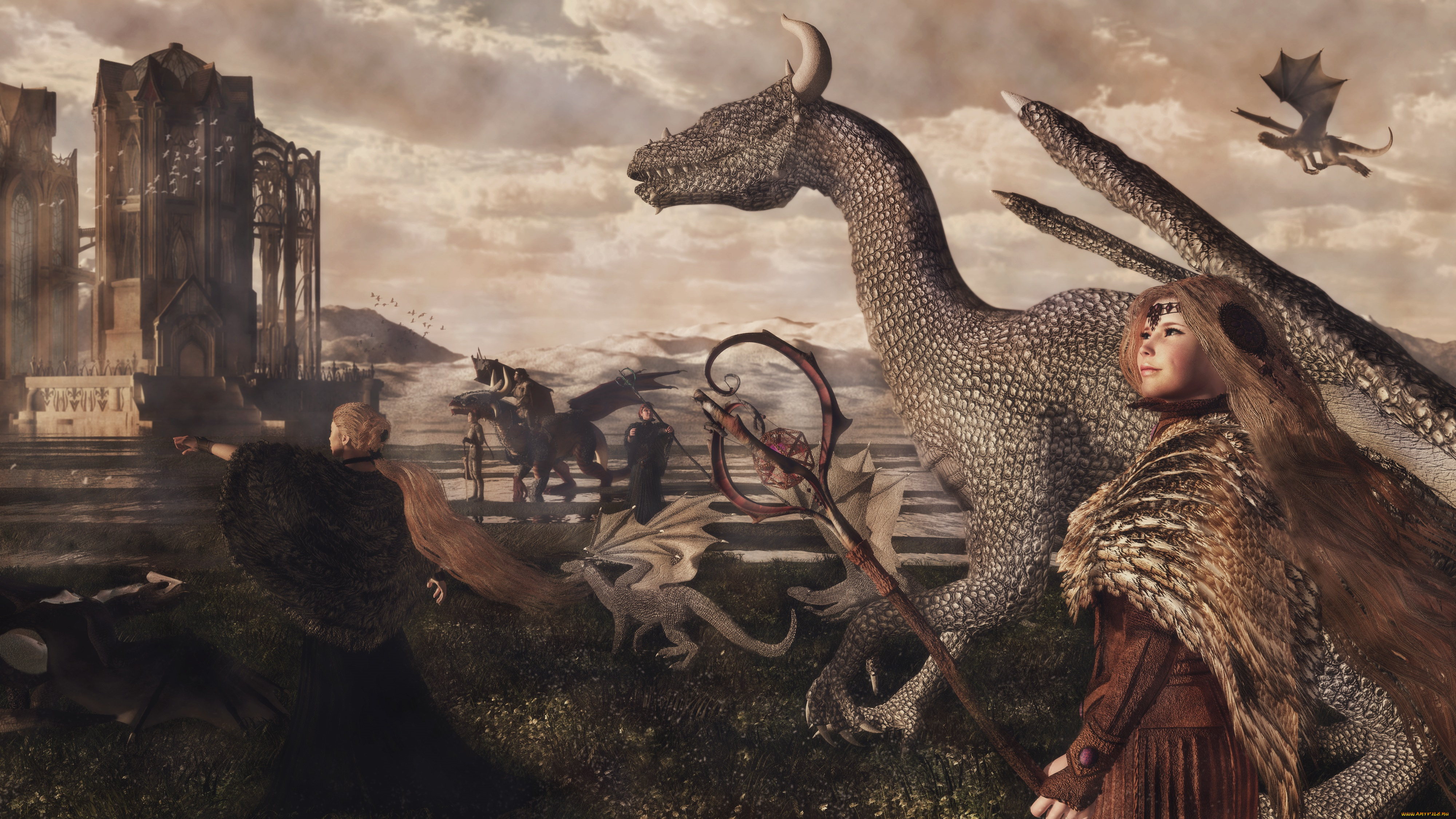 3д, графика, амазонки, , amazon, фон, драконы, взгляд, девушки