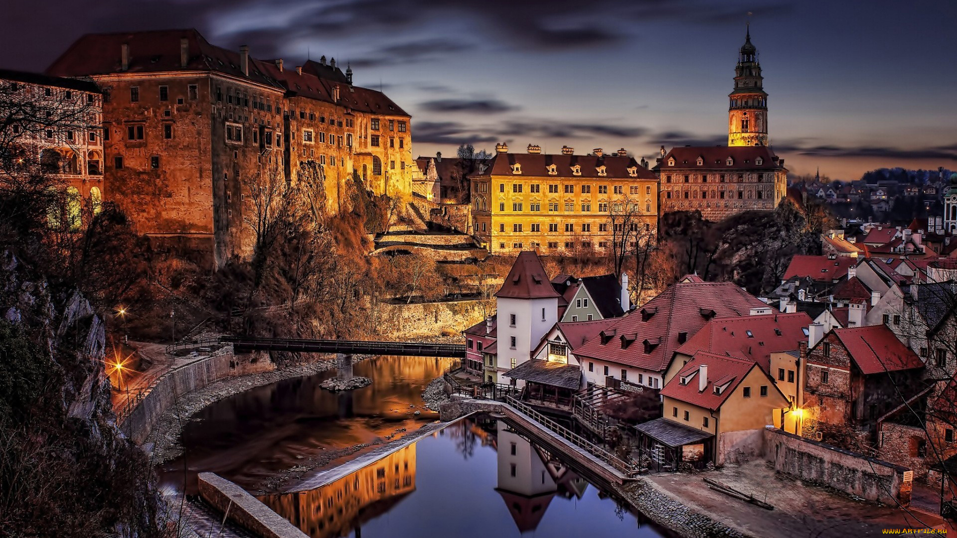 города, Чески-крумлов, , Чехия, вечер, мост, река