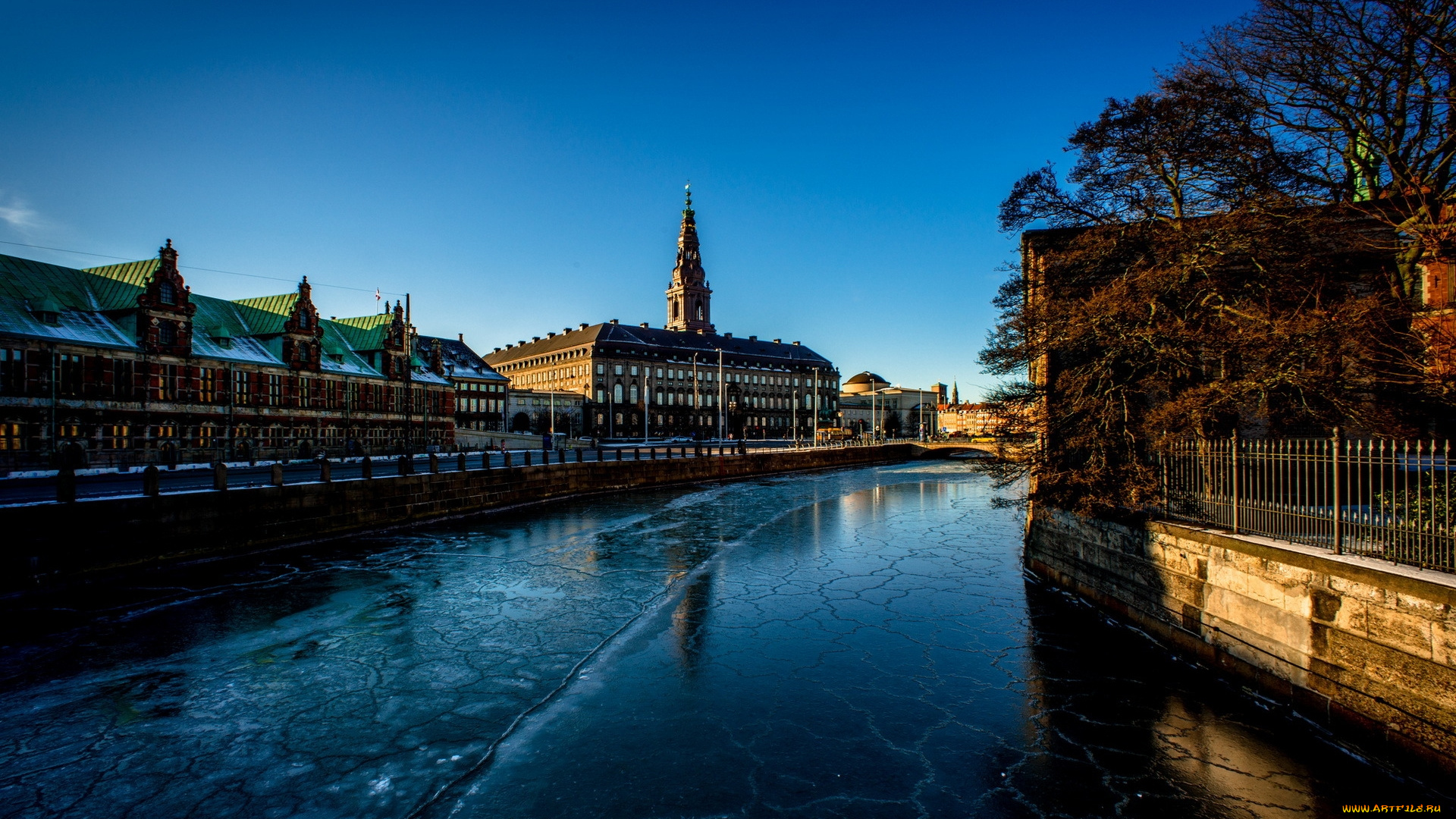 города, копенгаген, , дания, зима, канал
