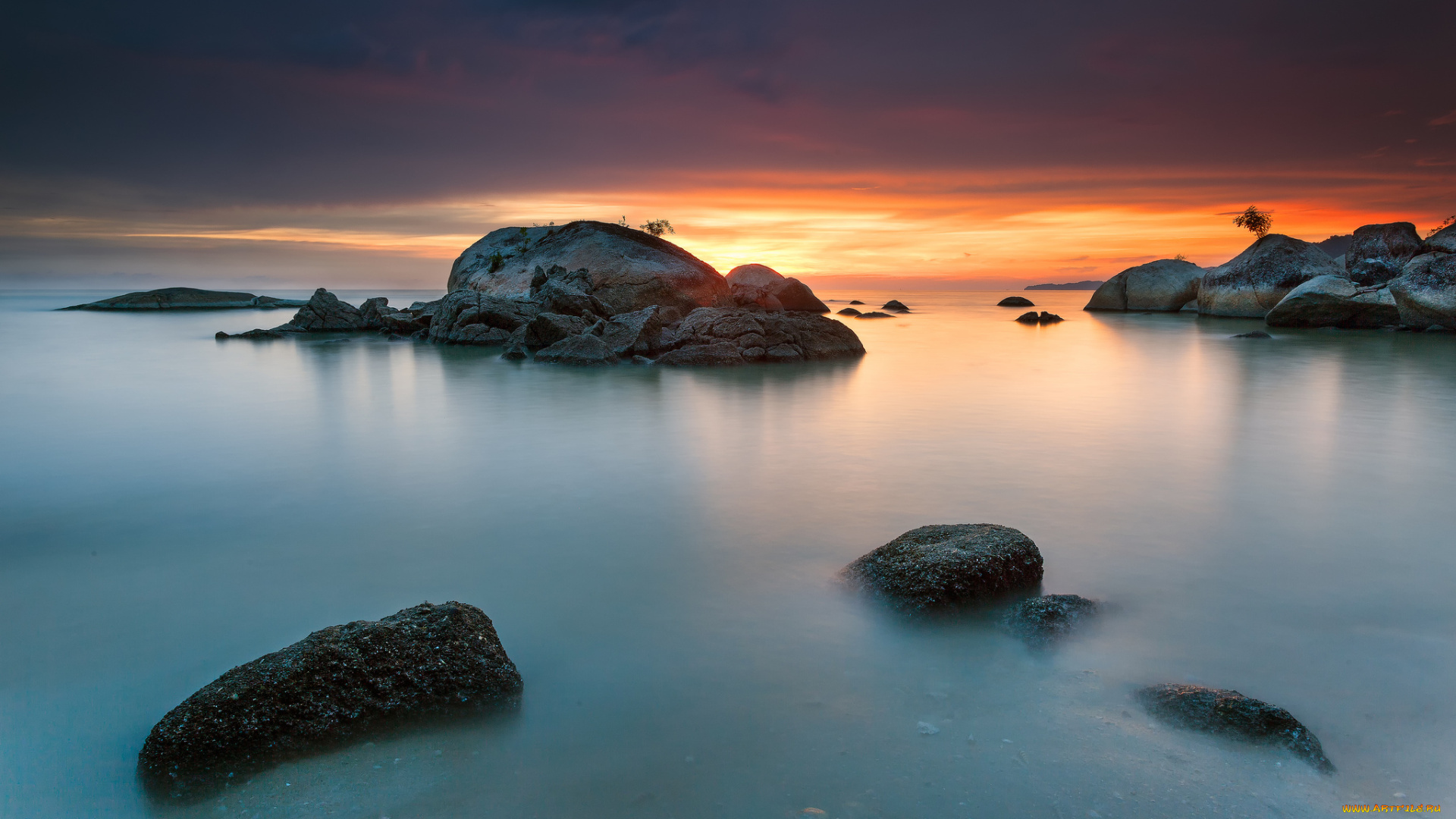 природа, побережье, камни, скалы, рассвет