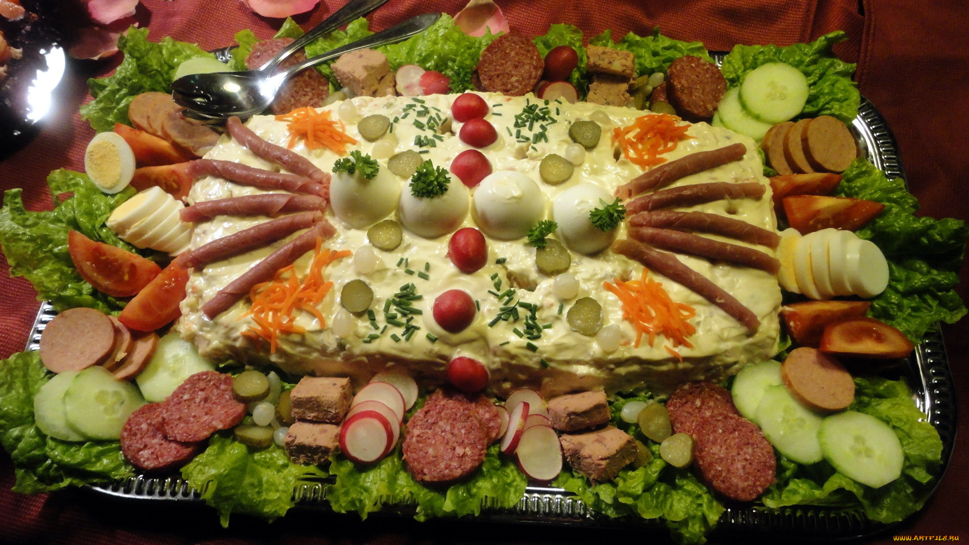 еда, салаты, , закуски, овощи, ассорти, яйца, колбаса, огурцы, помидоры, закуски