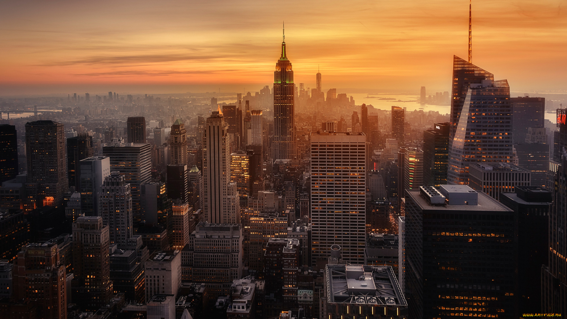 города, нью-йорк, , сша, нью, -, йорк, закат, город, вечер, дымка