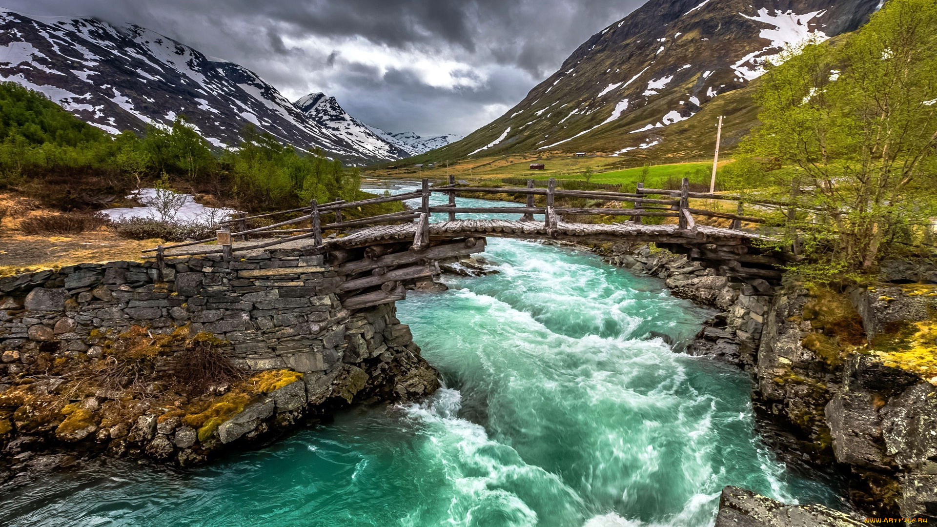 природа, реки, озера, бурный, поток, снег, мостик, река, горы