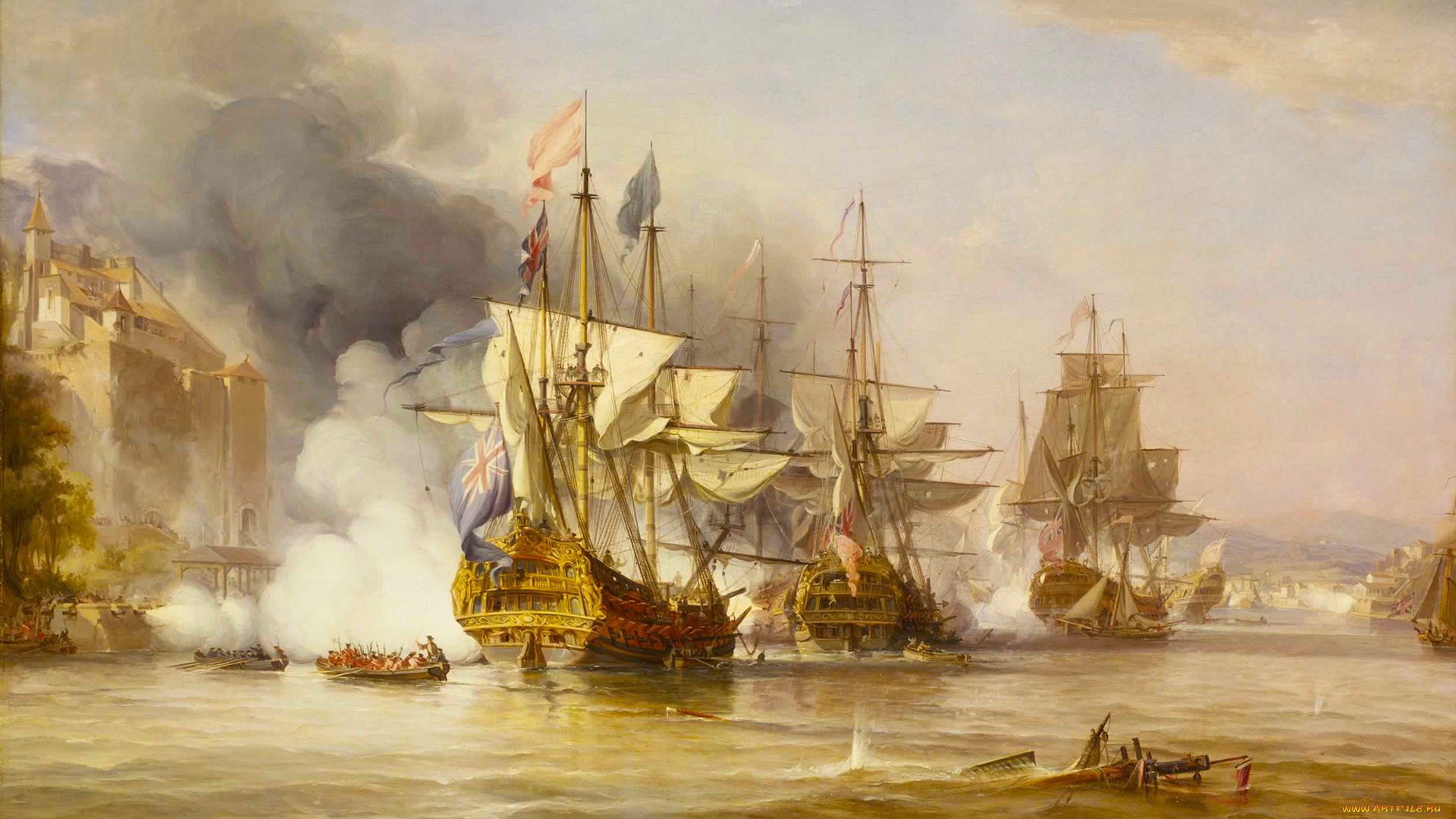 рисованное, живопись, фрегат, бой, шлюпка