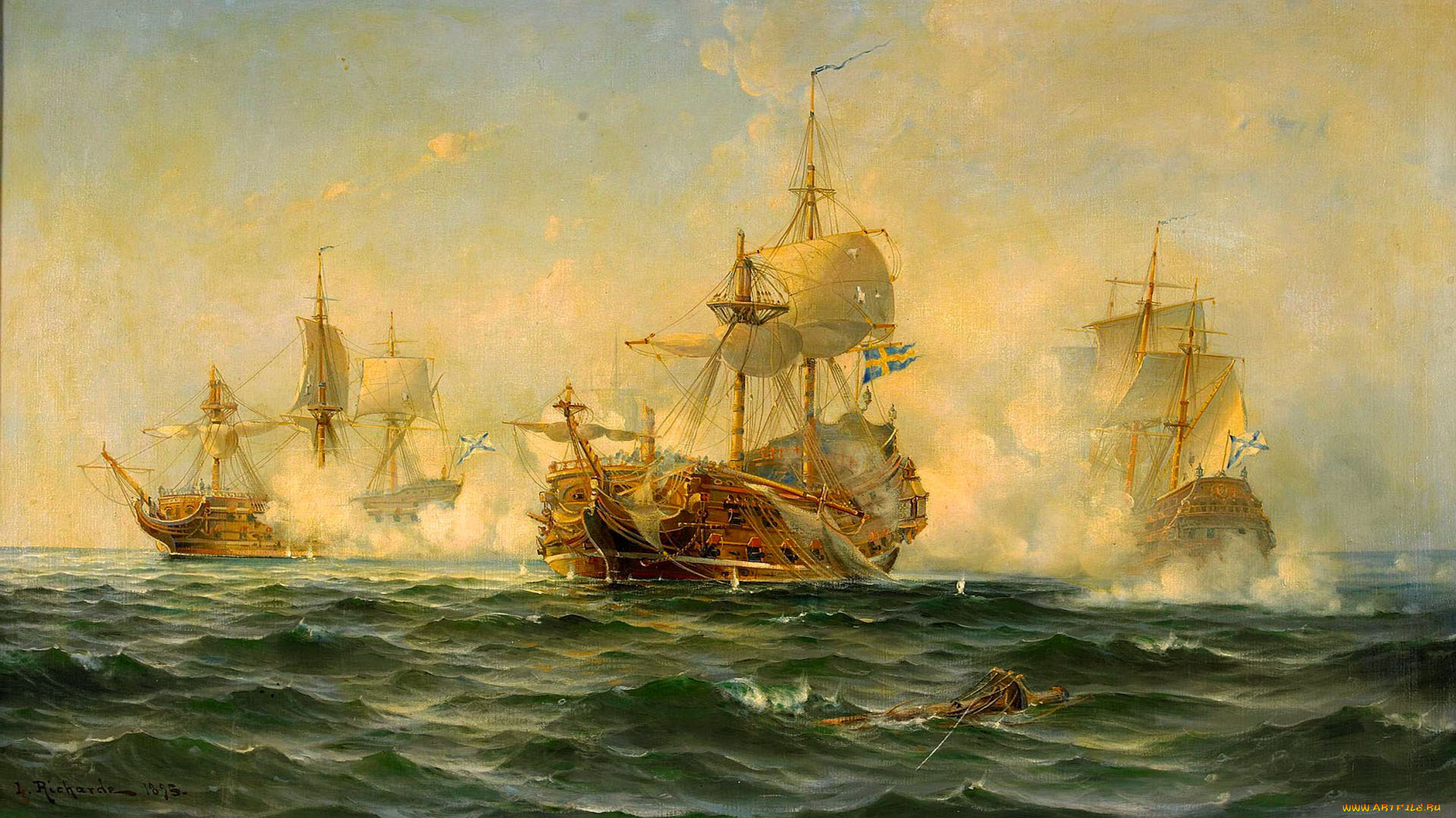 рисованное, живопись, фрегат, бой, шлюпка