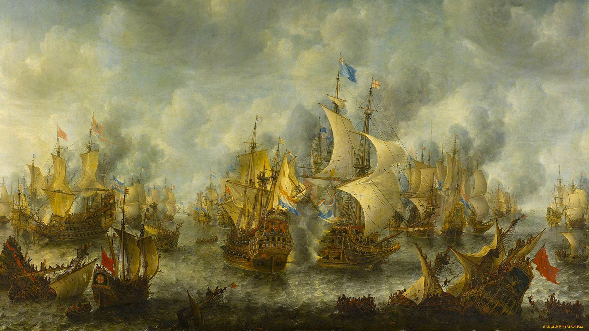 рисованное, живопись, фрегат, бой, шлюпка