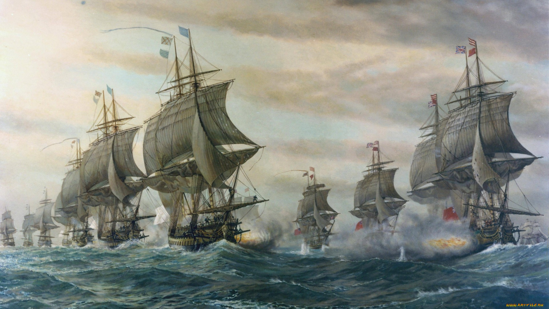 рисованное, живопись, фрегат, бой, шлюпка