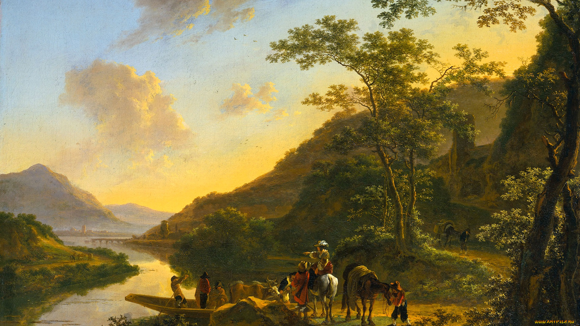 рисованное, живопись, итальянский, пейзаж, с, паромной, переправой, Ян, бот, картина, река, горы