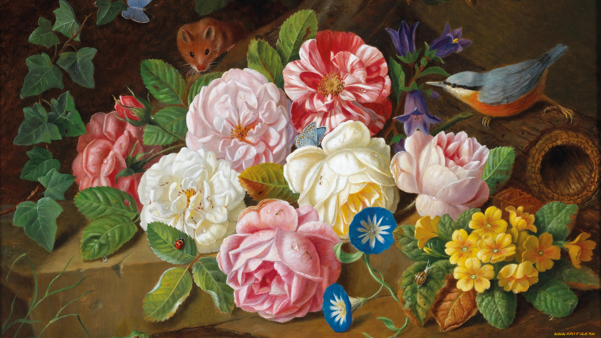 рисованное, живопись, josef, holstayn, картина, цветы, птица, мышь, лягушка