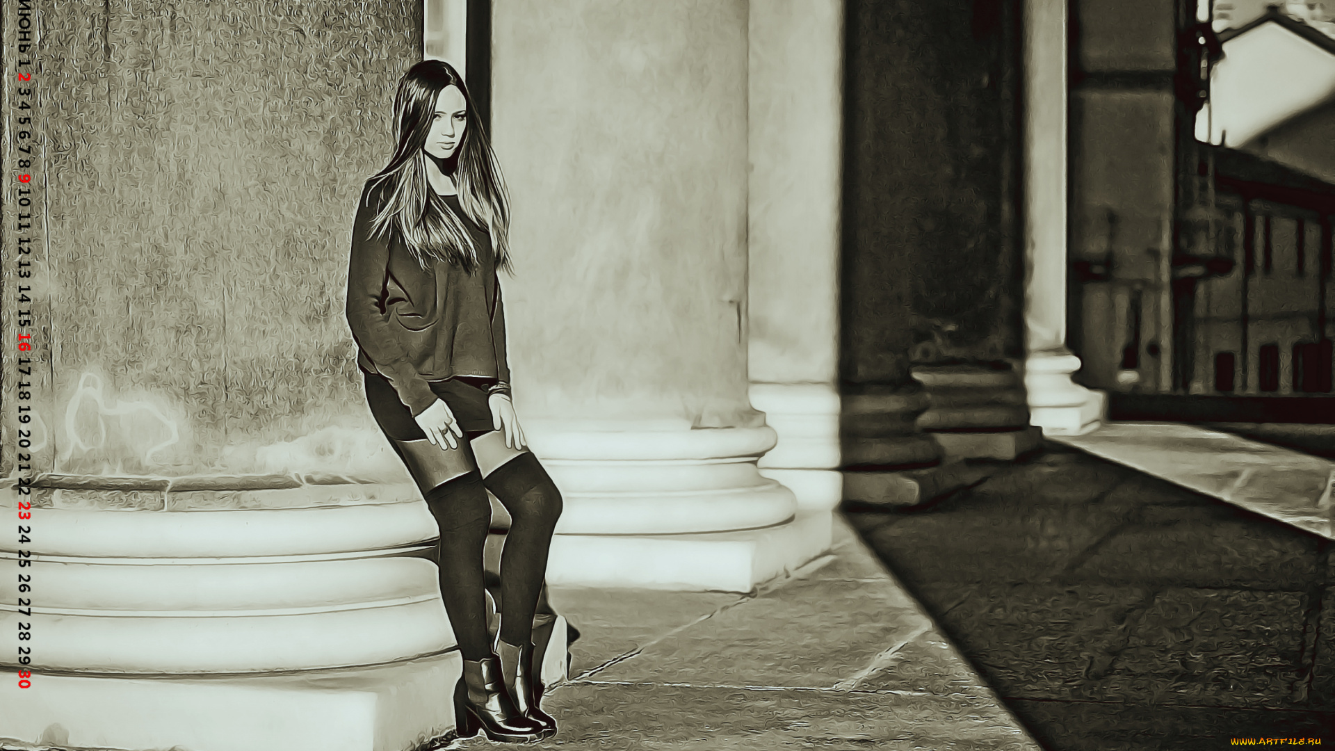 календари, компьютерный, дизайн, улица, колонна, девушка