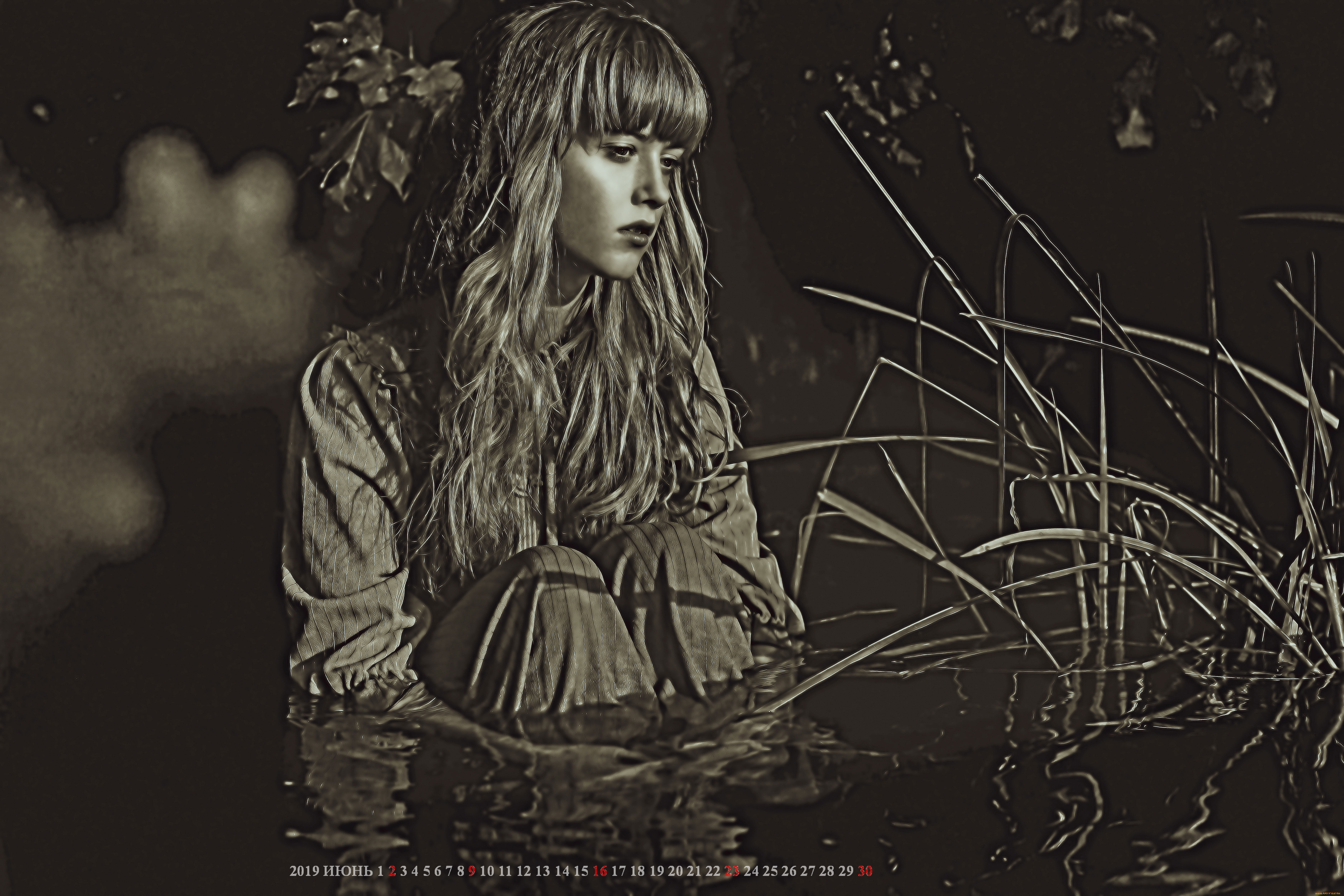 календари, компьютерный, дизайн, сидеть, ночь, девушка, водоем