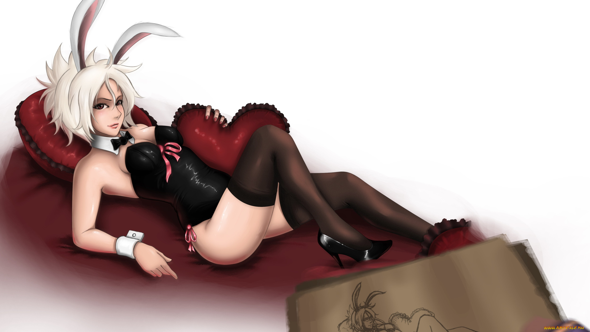 аниме, животные, , существа, девушка, фон, взгляд, ушки, чулки, riven