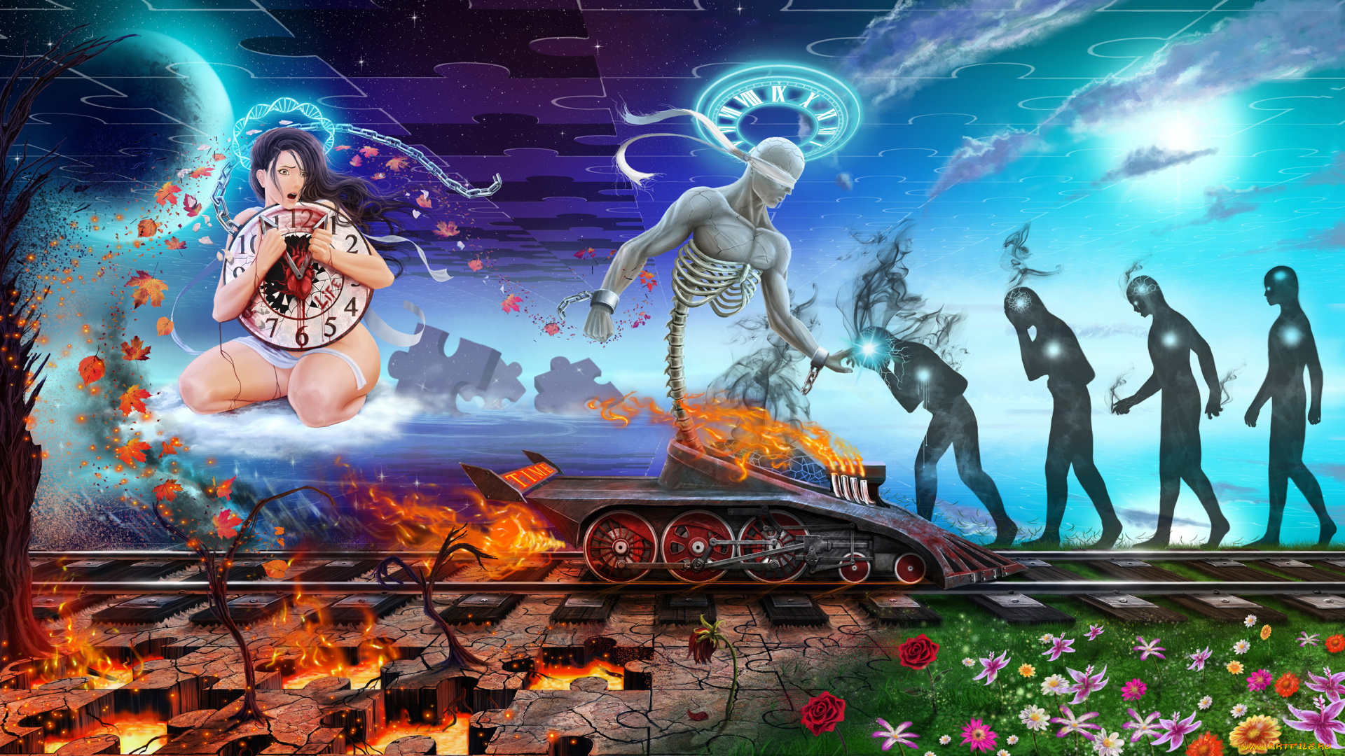 рисованное, живопись, девушка, фон, железная, дорога, скелет