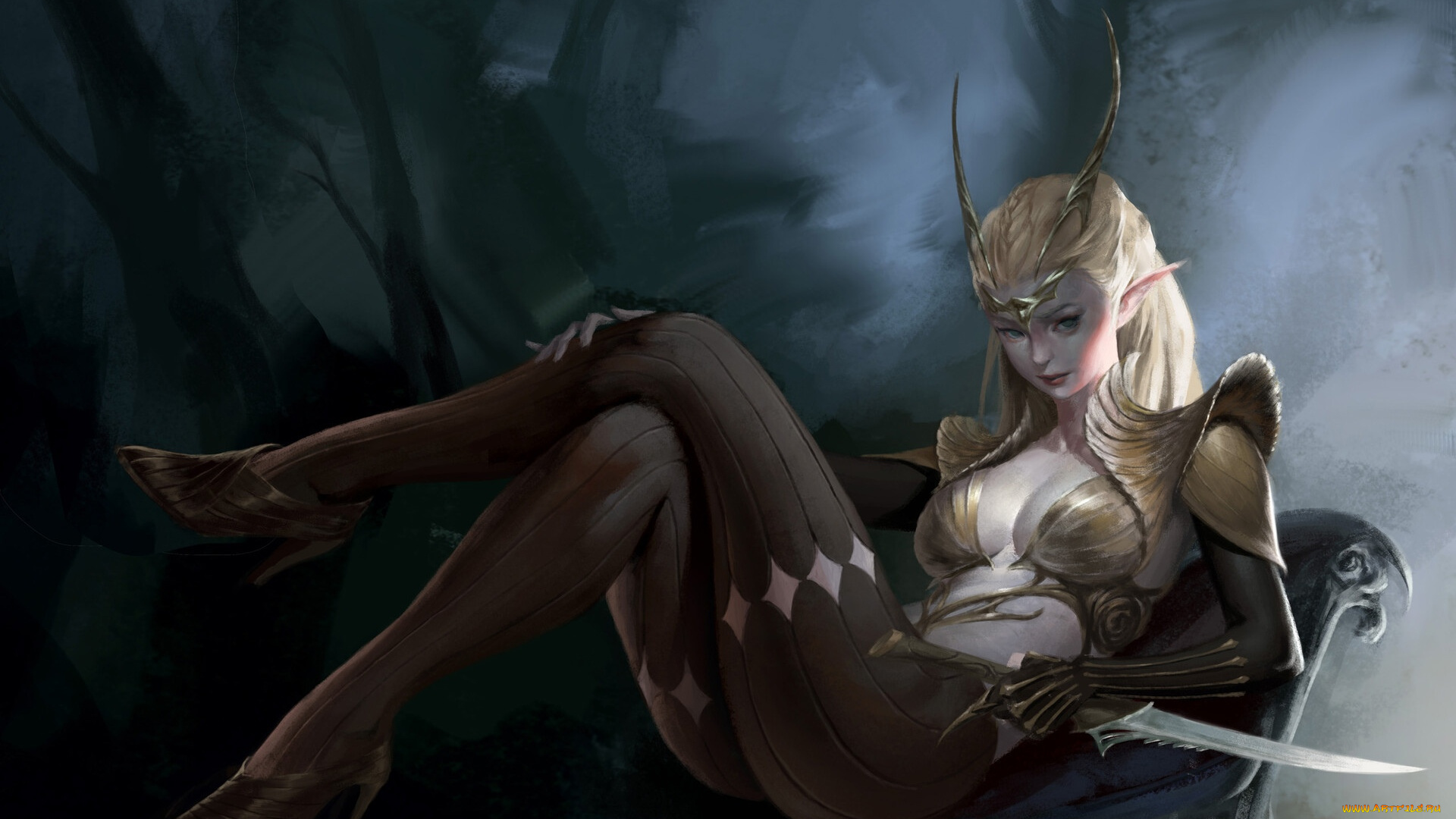 фэнтези, эльфы, девушка, оружие, лес