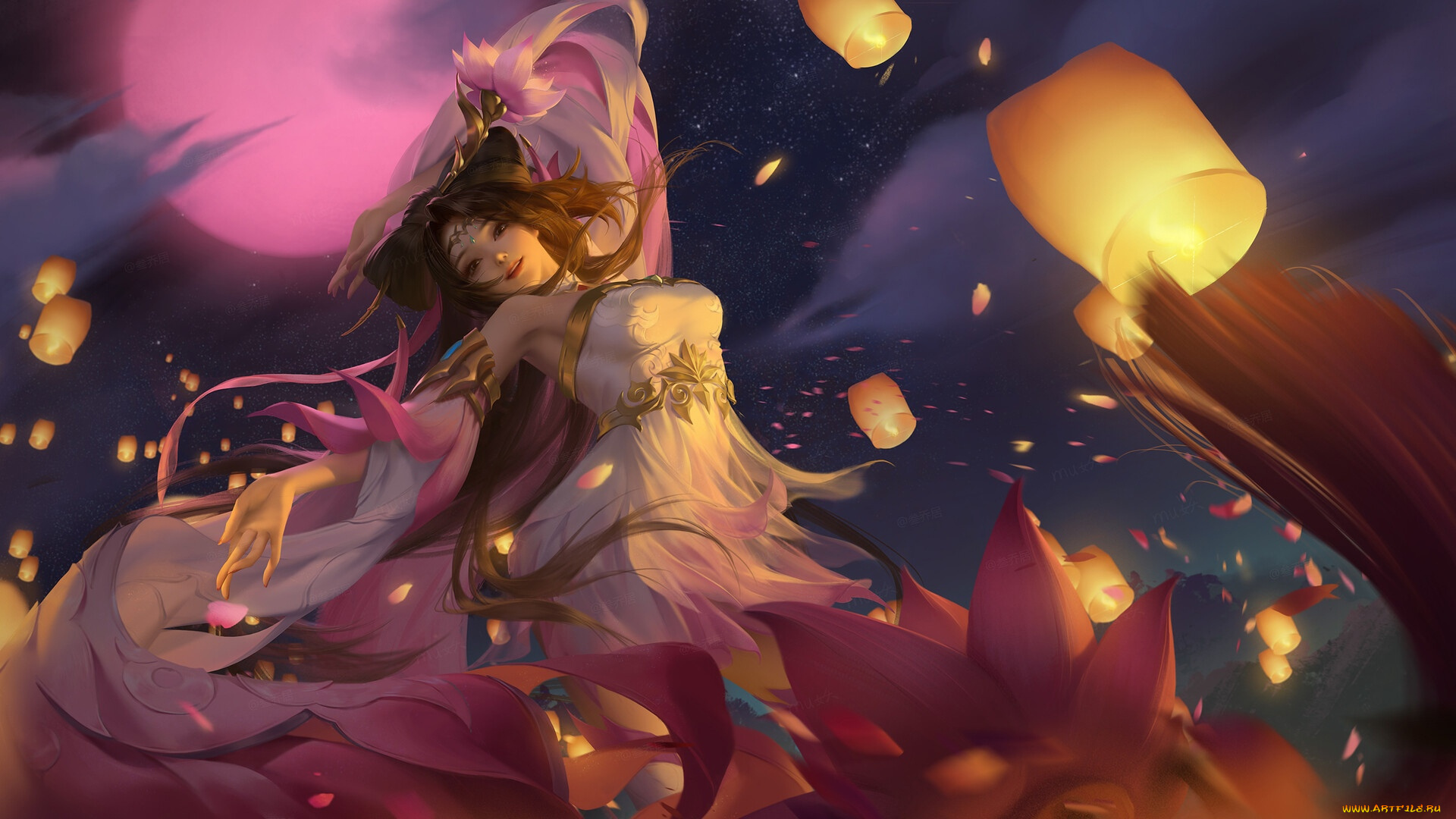 honor, of, kings, видео, игры, девушка, фонарики, цветы