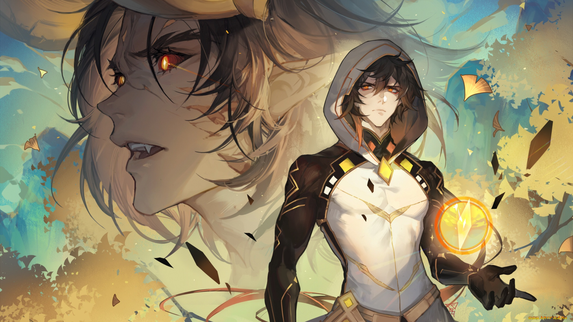 аниме, genshin, impact, парень, магия, клыки