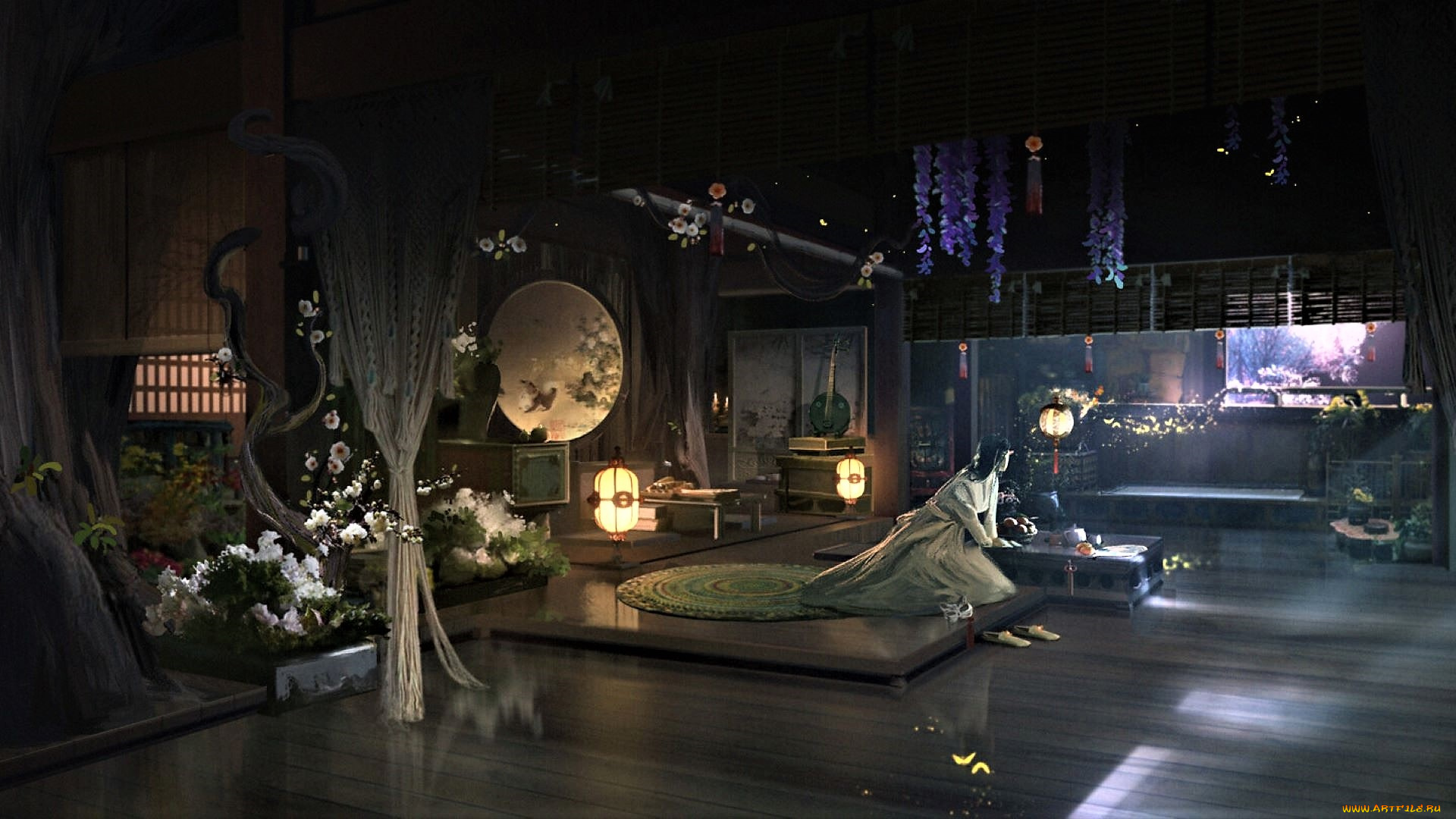 аниме, город, , улицы, , интерьер, , здания, человек, комната, цветы