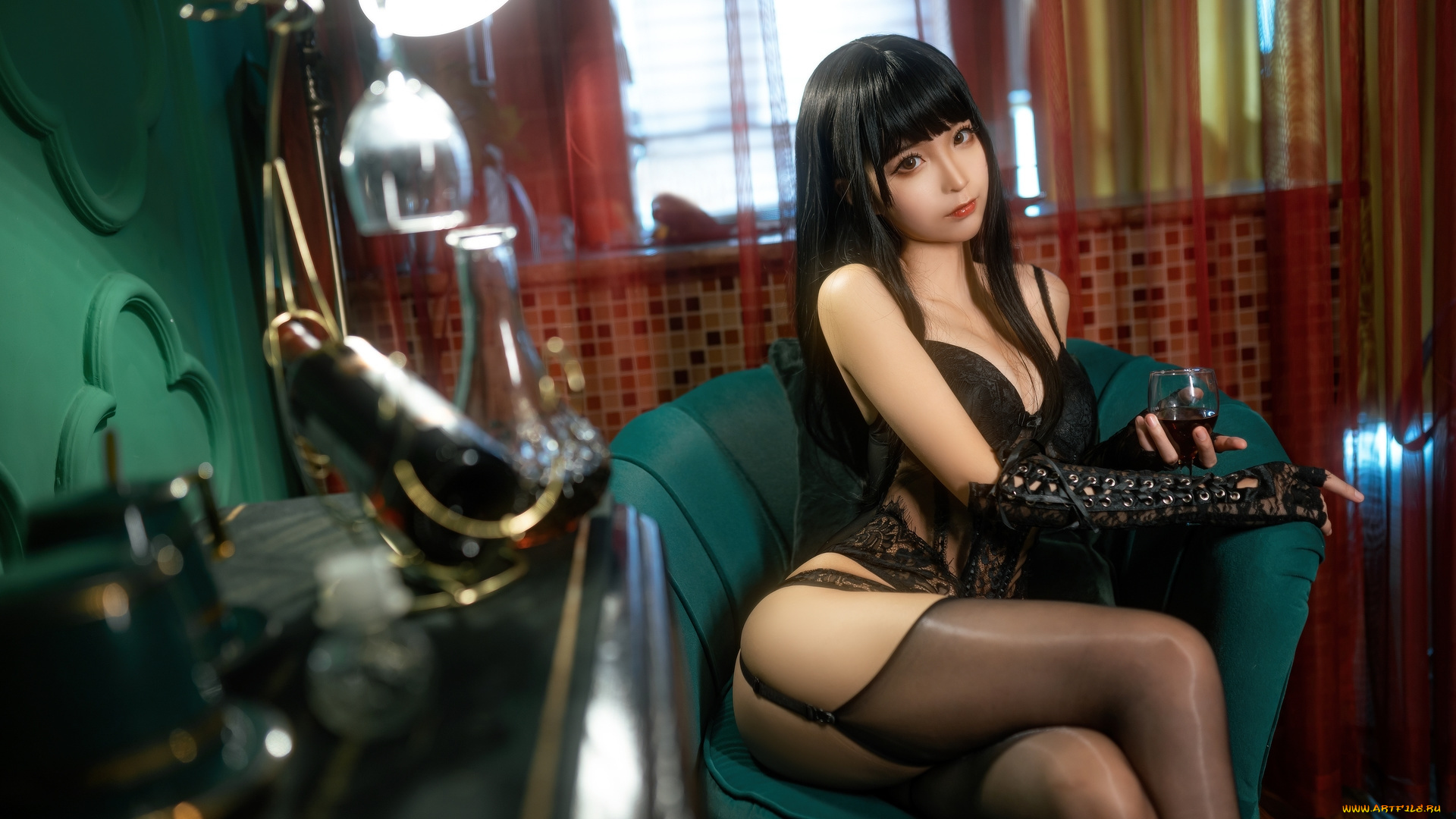 девушки, -, азиатки, азиатка, чулки, бокал, вино