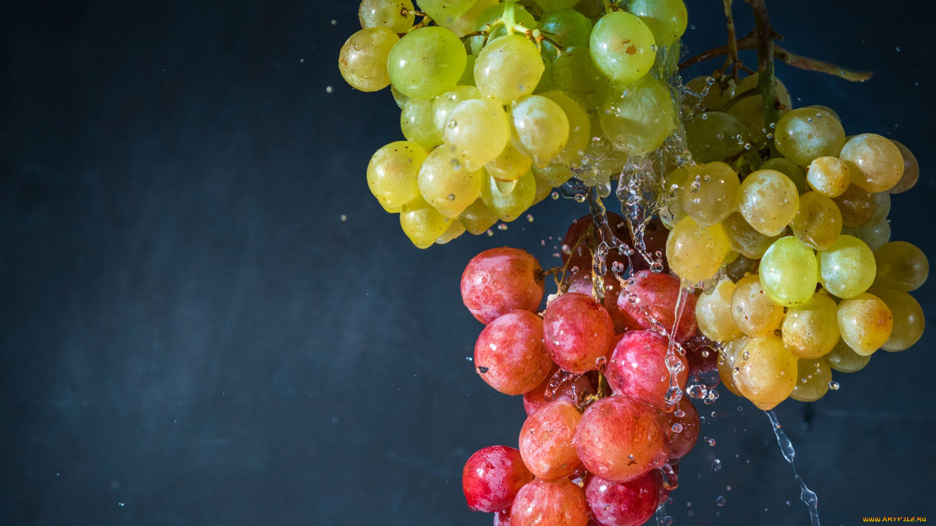 еда, виноград, ягоды, гроздь, капли