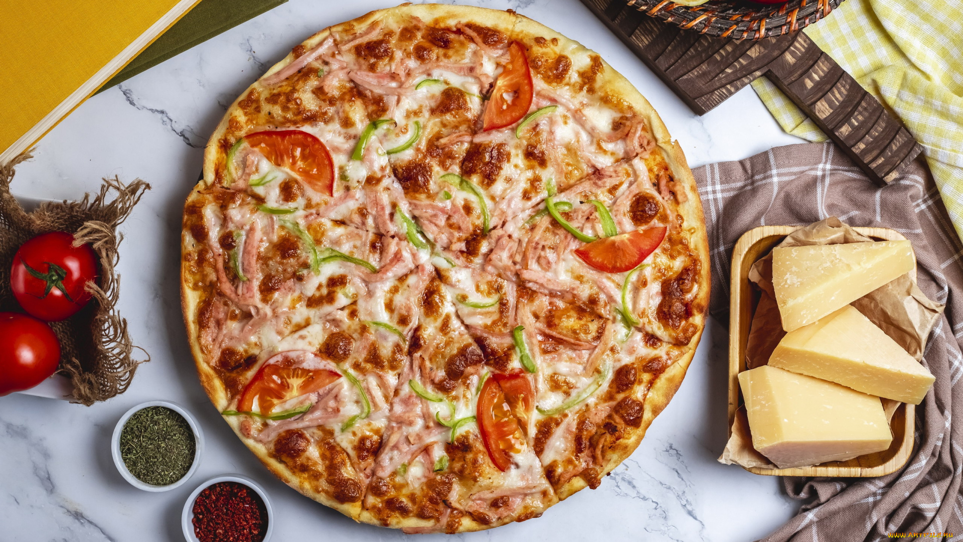 еда, пицца, сыр, помидоры, лимон, перец